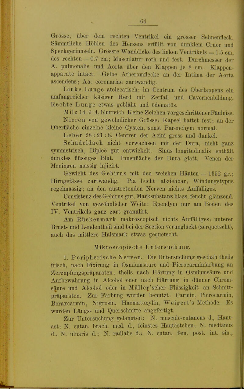 s Grösse, über dem rechten Ventrikel ein grosser Seimenfleck. Sämmtliche Höhlen des Herzens erfüllt von dunklem Cruor und Speckgerinnseln. Grösste Wanddicke des linken Ventrikels = 1.5 cm, des rechten = 0.7 cm; Musculatur roth und fest. Durchmesser der A. pulmonalis und Aorta über den Klappen je 8 cm. Klappen- appavate intact. Gelbe Atheromflecke an der Intima der Aorta ascendens; Aa. coronariae zartwandig. Linke Lunge atelecatisch; im Centrum des Oberlappens ein umfangreicher käsiger Herd mit Zerfall und Cavernenbildung. Rechte Lunge etwas gebläht und ödematös. Milz 14:9:4, blutreich. Keine Zeichen vorgeschrittenerFäulniss. Nieren von gewöhnlicher Grösse; Kapsel haftet fest: ander Oberfläche einzelne kleine Cysten, sonst Parenchym normal. Leber 28 :21 : 8, Centren der Acini gross und dunkel. Schädeldach nicht verwachsen mit der Dura, nicht ganz symmetrisch, Diploe gut entwickelt. Sinus longitudinalis enthält dunkles flüssiges Blut. Innenfläche der Dura glatt. Venen der Meningen mässig injicirt. Gewicht des Gehirns mit den weichen Häuten = 1352 gr.; Hirngefässe zartwandig. Pia leicht abziehbar; Windungstypus regelmässig; an den austretenden Nerven nichts Auffälliges. Consistenz des Gehirns gut, Marksubstanz blass, feucht, glänzend. Ventrikel von gewöhnlicher Weite: Ependym nur am Boden des IV. Ventrikels ganz zart granulirt. Am Rückenmark makroscopisch nichts Auffälliges; unterer Brust- und Lendentheil sind bei der Section verunglückt (zerquetscht), auch das mittlere Halsmark etwas gequetscht. Mikroscopische Untersuchung. 1. Peripherische Nerven. Die Untersuchung geschah theils frisch, nach Pixirung in Osmiumsäure und Picrocarminfärbung an Zerzupfungspräparaten, theils nach Härtung in Osmiumsäure und Aufbewahrung in Alcohol oder nach Härtung in dünner Chrom- s^ure und Alcohol oder in Müller'scher Flüssigkeit an Schnitt- präparaten. Zur Färbung wurden benutzt: Carmin, Picrocarmin, Boraxcarmin, Nigrosin, Haematoxylin, Weigert's Methode. Es wurden Längs- und Querschnitte angefertigt. Zur Untersuchung gelangten: N. musculo-cutaneus d., Haut- ast; N. cutan. brach, med. d., feinstes Hautästchen; N. medianus d., N. ulnaris d.; N. radialis d.; N. cutan. fem. post. int. sin.,