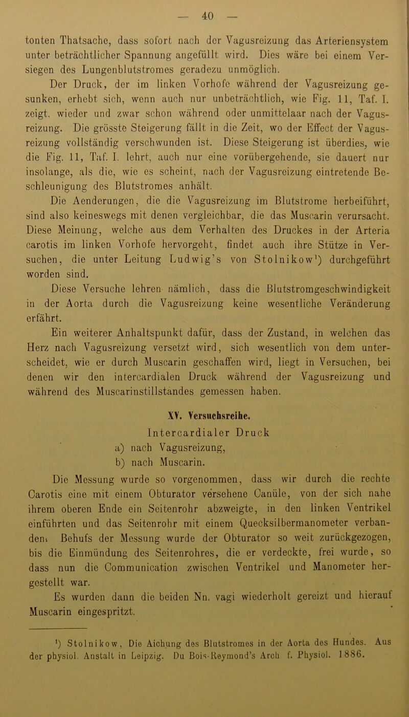 tonten Thatsache, dass sofort nach der Vagusreizung das Arteriensystem unter beträchtlicher Spannung angefüllt wird. Dies wäre bei einem Ver- siegen des Lungenblutstromes geradezu unmöglich. Der Druck, der im linken Vorhofe während der Vagusreizung ge- sunken, erhebt sich, wenn auch nur unbeträchtlich, wie Fig. 11, Taf. 1. zeigt, wieder und zwar schon während oder unmittelaar nach der Vagus- reizung. Die grösste Steigerung fällt in die Zeit, wo der Effect der Vagus- reizung vollständig verschwunden ist. Diese Steigerung ist überdies, wie die Fig. 11, Taf. I. lehrt, auch nur eine vorübergehende, sie dauert nur insolange, als die, wie es scheint, nach der Vagusreizung eintretende Be- schleunigung des Blutstromes anhält. Die Aenderungen, die die Vagusreizung im Blutstrome herbeiführt, sind also keineswegs mit denen vergleichbar, die das Muscarin verursacht. Diese Meinung, welche aus dem Verhalten des Druckes in der Arteria carotis im linken Vorhofe hervorgeht, findet auch ihre Stütze in Ver- suchen, die unter Leitung Ludwig’s von Stolnikow’) durchgeführt worden sind. Diese Versuche lehren nämlich, dass die Blutstromgeschwindigkeit in der Aorta durch die Vagusreizung keine wesentliche Veränderung erfährt. Ein weiterer Anhaltspunkt dafür, dass der Zustand, in welchen das Herz nach Vagusreizung versetzt wird, sich wesentlich von dem unter- scheidet, wie er durch Muscarin geschaffen wird, liegt in Versuchen, bei denen wir den intercardialen Druck während der Vagusreizung und während des Muscarinstillstandes gemessen haben. XV. Versuchsreihe. Intercardialer Druck a) nach Vagusreizung, b) nach Muscarin. Die Messung wurde so vorgenommen, dass wir durch die rechte Carotis eine mit einem Obturator versehene Oanüle, von der sich nahe ihrem oberen Ende ein Seitenrohr abzweigte, in den linken Ventrikel einführten und das Seitenrohr mit einem Quecksilbermanometer verban- den; Behufs der Messung wurde der Obturator so weit zurückgezogen, bis die Einmündung des Seitenrohres, die er verdeckte, frei wurde, so dass nun die Communication zwischen Ventrikel und Manometer her- gestellt war. Es wurden daun die beiden Nn. vagi wiederholt gereizt und hierauf Muscarin ein gespritzt. ') Stolnikow, Die Aichung dos Blutstromes in der Aorta des Hundes. Aus der physiol. Anstalt in Leipzig. Du Bois-Keymond’s Arcb f. Physiol. 1886.