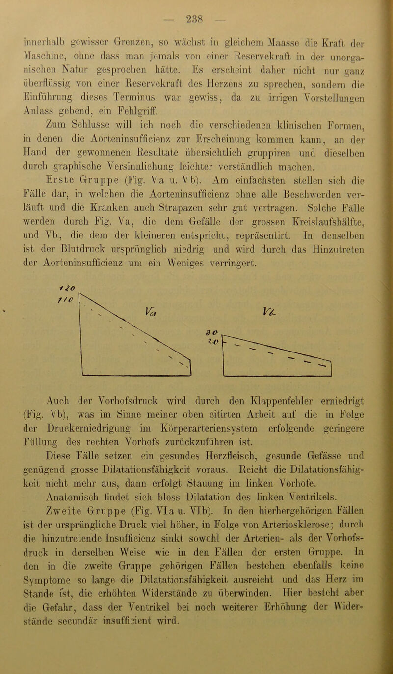 innerhalb gewisser Grenzen, so wächst in gleiclicni Maasse die Kraft dei- Maschine, ohne dass inan jemals von einer Keserveki-aft in der unoi'ga- nisclien Natur gesprochen hätte. h]s erscheint daher nicht nur ganz iibei'flüssig von einer Reservekraft des Herzens zu sprechen, sondern die Einfülirung dieses Terminus war gewiss, da zu irrigen Vorstellungen Anlass gebend, ein Fehlgriff. Zum Schlüsse will ich noch die verschiedenen klinischen Formen, in denen die Aorteninsufficienz zur Erscheinung kommen kann, an der Hand der gewonnenen Resultate übersichtlich gruj)piren und dieselben durch graphische Versinnlichung leichter verständlich machen. Erste Gruppe (Fig. Va u. Vb). Am einfachsten stellen sich die Fälle dar, in welchen die Aorteninsufficienz ohne alle Beschwerden ver- läuft und die Kranken auch Strapazen sehr gut vertragen. Solche Fälle werden durch Fig. Va, die dem Gefälle der grossen Kreislaufshälfte, und Vb, die dem der kleineren entspricht, repräsentirt. In denselben ist der Blutdruck ursprünglich niedrig und wird durch das Hinzutreten der Aorteninsufficienz um ein AVeniges verringert. Auch der A^orhofsdruck wird durch den Klappenfehler erniedrigt (Fig. Vb), was im Sinne meiner oben citirten Arbeit auf die in Folge der Druckerniedrigung im Körperarteriensystem erfolgende geringere Füllung des rechten Vorhofs zurückzuführen ist. Diese Fälle setzen ein gesundes Herzfleisch, gesunde Gefässe und genügend grosse Dilatationsfähigkeit voraus. Reicht die Dilatationsfähig- keit nicht mehr aus, dann erfolgt Stauung im linken Vorhofe. Anatomisch findet sich bloss Dilatation des linken A^entrikels. Zweite Gruppe (Fig. Via u. VIb). In den hierhergehörigen Fällen ist der ursprüngliche Druck viel höher, in Folge von Arteriosklerose; durch die hinzutretende Insufficienz sinkt sowohl der Arterien- als der Vorhofs- druck in derselben AVeise wie in den Fällen der ersten Gruppe. In den in die zweite Gruppe gehörigen Fällen bestehen ebenfalls keine Symptome so lange die Dilatationsfähigkeit ausreicht und das Herz im Stande ist, die erhöhten AViderstände zu überwinden. Hier besteht aber die Gefahr, dass der Ventrikel bei noch weiterer Erhöhung der AVider- ständc seenndär insufficient wird.