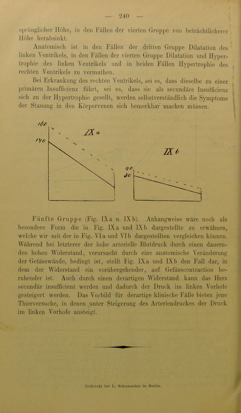 spriiiigüclicr Höhe, in dcji Fällen der vierten (iriipi)e von beti-ächtJiclien'r Höhe herabsinkt. Anatomiscli ist in den Fällen der dritten Gruppe Dilatation des linken Ventrikels, in den Fällen der vierten Gruppe Dilatation und Hyper- trophie des linken Ventrikels und in beiden Fällen Hypertrophie des rechten Ventrikels zu verrauthen. Bei Erkrankung des rechten Ventrikels, sei es, dass dieselbe zu einer primären Insufficienz führt, sei es, dass sie als secundäre Insufficienz sich zu der Hypertrophie gesellt, werden selbstverständlich die Symptome der Stauung in den Körpervenen sich bemerkbar machen müssen. Fünfte Gruppe (Fig. IXa u. IXb). Anhangweise wäre noch als besondere Form die in Fig. IXa und IXb dargestellte zu erwähnen, welche wir mit der in Fig. Via und VIb dargestellten vergleichen können. Während bei letzterer der hohe arterielle Blutdruck durch einen dauern- den hohen Widerstand, verursacht durch eine anatomische V^eränderung der Gefässwände, bedingt ist, stellt Fig. IXa und IXb den Fall dar, in dem der Widerstand ein vorübergehender, auf Gefässcontraction be- ruhender ist. Auch durch einen derartigen Widerstand kann das Herz secundär insufficient werden und dadurch der Druck im linken Vorhofe gesteigert werden. Das Vorbild für derartige klinische FäUe bieten jene Thierversuche, in denen unter Steigerung des Arteriendruckes der Druck im linken Vorhofe ansteigt. Gedruckt bei L. SuhuiuHclicr in Berlin.