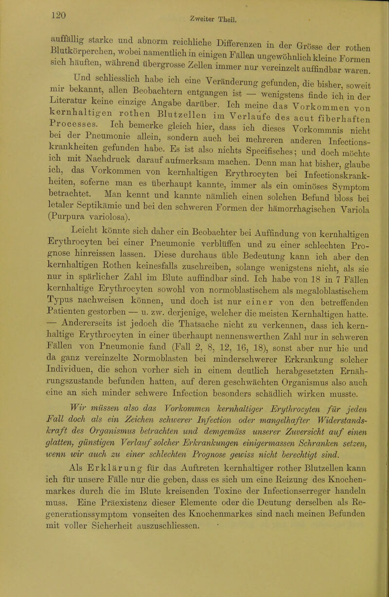 Zweiter Theil. auffällig starke und abnorm reichliche Differenzen in der Grösse der rothen HMJ^Perchen -obe, namentlich* einigen Fälle* vigirt^^j^ sich häuften, wahrend ubergrosse Zellen immer nur vereinzelt auffindbar waTen mir b^LfSft T 1 Veränd6r^ die bisher, soweit mn bekannt, allen Beobachtern entgangen ist - wenigstens finde ich in der Literatur kerne einzige Angabe darüber. Ich meine das Vorkommen yon kernhaltigen rothen Blutzellen im Verlaufe des acut fiberhaften Processes. Ich bemerke gleich hier, dass ich dieses Vorkommnis nicht bei der Pneumonie allein, sondern auch bei mehreren anderen Infections- krankheiten gefunden habe. Es ist also nichts Specifisches; und doch möchte ich mit Nachdruck darauf aufmerksam machen. Denn man hat bisher, glaube ich, das Vorkommen von kernhaltigen Erythrocyten bei Infectionskrank- heiten, soferne man es überhaupt kannte, immer als ein ominöses Symptom betrachtet. Man kennt und kannte nämlich einen solchen Befund bloss bei letaler Septikämie und bei den schweren Formen der hämorrhagischen Variola (Purpura variolosa). Leicht könnte sich daher ein Beobachter bei Auffindung von kernhaltigen Erythrocyten bei einer Pneumonie verblüffen und zu einer schlechten Pro- gnose hinreissen lassen. Diese durchaus üble Bedeutung kann ich aber den kernhaltigen Kothen keinesfalls zuschreiben, solange wenigstens nicht, als sie nur in spärlicher Zahl im Blute auffindbar sind. Ich habe von 18 in 7 Fällen kernhaltige Erythrocyten sowohl von normoblastischem als megaloblastischem Typus nachweisen können, und doch ist nur einer von den betreffenden Patienten gestorben — u. zw. derjenige, welcher die meisten Kernhaltigen hatte. — Andererseits ist jedoch die Thatsache nicht zu verkennen, dass ich kern- haltige Erythrocyten in einer überhaupt nennenswerthen Zahl nur in schweren Fällen von Pneumonie fand (Fall 2, 8, 12, 16, 18), sonst aber nur hie und da ganz vereinzelte Normoblasten bei minderschwerer Erkrankung solcher Individuen, die schon vorher sich in einem deutlich herabgesetzten Ernäh- rungszustände befunden hatten, auf deren geschwächten Organismus also auch eine an sich minder schwere Infection besonders schädlich wirken musste. Wir müssen also das Vorkommen kernhaltiger Erythrocyten für jeden Fall doch als ein Zeichen schwerer Infection oder mangelhafter Widerstands- kraft des Organismus betrachten und demgemäss unserer Zuversicht auf einen glatten, günstigen Verlauf solcher Erkrankungen einigermassm Schranken setzen, wenn wir auch zu einer schlechten Prognose gewiss nicht berechtigt sind. Als Erklärung für das Auftreten kernhaltiger rother Blutzellen kann ich für unsere Fälle nur die geben, dass es sich um eine Reizung des Knochen- markes durch die im Blute kreisenden Toxine der Infectionserreger handeln muss. Eine Präexistenz dieser Elemente oder die Deutung derselben als Re- generationssymptom vonseiten des Knochenmarkes sind nach meinen Befunden mit voller Sicherheit auszuschliessen.