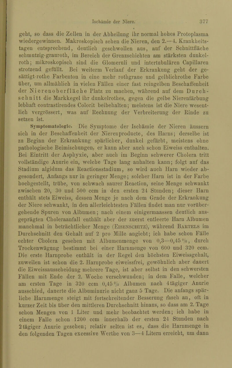 geht, so dass die Zellen in der Abheilung ihr normal hohes Protoplasma wiedergewinnen. Makroskopisch sehen die Nieren, den 2.-4. Krankheits¬ tagen entsprechend, deutlich geschwollen aus, auf der Schnittfläche schmutzig-grauroth, im Bereich der Grenzschichten am stärksten dunkel- roth; mikroskopisch sind die Glomeruli und intertubulären Capillaren strotzend gefüllt. Bei weiterm Verlauf der Erkrankung geht der ge- sättigt-rothe Farbenton in eine mehr rothgraue und gelblichrothe Farbe über, um allmählich in vielen Fällen einer fast reingelben Beschaffenheit der Nierenoberfläche Platz zu machen, während auf dem Durch¬ schnitt die Markkegel ihr dunkelrothes, gegen die gelbe Nierenfärbung lebhaft contrastirendes Colorit beibehalten; meistens ist die Niere wesent¬ lich vergrössert, was auf Kechnung der Verbreiterung der Binde zu setzen ist. Symptomatologie. Die Symptome der Ischämie der Nieren äussern sich in der Beschaffenheit der Nierenproducte, des Harns; derselbe ist zu Beginn der Erkrankung spärlicher, dunkel gefärbt, meistens ohne pathologische Beimischungen, er kann aber auch schon Eiweiss enthalten. Bei Eintritt der Asphyxie, aber auch im Beginn schwerer Cholera tritt vollständige Anurie ein, welche Tage lang anhalten kann; folgt auf das Stadium algidum das Reactionsstadium, so wird auch Harn wieder ab¬ gesondert, Anfangs nur in geringer Menge; solcher Plarn ist in der Farbe hochgestellt, trübe, von schwach saurer Reaction, seine Menge schwankt zwischen 20, 30 und 500 ccm in den ersten 24 Stunden; dieser Harn enthält stets Eiweiss, dessen Menge je nach dem Grade der Erkrankung der Niere schwankt, in den allerleichtesten Fällen findet man nur vorüber¬ gehende Spuren von Albumen; nach einem einigermaassen deutlich aus¬ geprägten Choleraanfall enthält aber der zuerst entleerte Harn Albumen manchmal in beträchtlicher Menge (Eisenschitz), während Baktels im Durchschnitt den Gehalt auf 2 pro Mille angiebt; ich habe schon Fälle echter Cholera gesehen mit Albumenmenge von 0,3—0,45 ‘’/o, durch Trockenwägung bestimmt bei einer Harnmenge von 600 und 320 ccm. Die erste Harnprobe enthält in der Regel den höchsten Eiweissgehalt, zuweilen ist schon die 2. Harnprobe eiweissfrei, gewöhnlich aber dauert die Eiweissausscheidung mehrere Tage, ist aber selbst in den schwersten Fällen mit Ende der 2. Woche verschwunden; in dem Falle, welcher am ersten Tage in 320 ccm 0,45 o/o Albumen nach 4 tägiger Anurie ausschied, dauerte die Albuminurie nicht ganz 5 Tage. Die anfangs spär¬ liche Harnmenge steigt mit fortschreitender Besserung r'asch an, oft in kurzer Zeit bis über den mittleren Durchschnitt hinaus, so dass am 2. Tage schon Mengen von 1 Liter und mehr beobachtet werden; ich habe in einem Falle schon 1200 ccm innerhalb der ersten 24 Stunden nach 2tägiger Anurie gesehen; relativ selten ist es, dass die Harnmenge in den folgenden Tagen excessive Werthe von 3—4 Litern erreicht, um dann