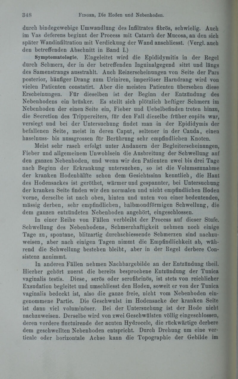 durch bindegewebige Umwandlung des Infiltrates fibrös, schwielig. Auch im Vas deferens beginnt der Process mit Catarrh der Mucosa, an den sich später Wandinfiltration mit Verdickung der Wand anschliesst. (Vergl. auch den betreffenden Abschnitt in Band I.) Symptomatologie. Eingeleitet wird die Epididymitis in der Regel durch Schmerz, der in der betreffenden Inguinalgegend sitzt und längs des Samenstrangs ausstrahlt. Auch Reizerscheinungen von Seite der Pars posterior, häufiger Drang zum Uriniren, imperiöser Harndrang wird von vielen Patienten constatirt. Aber die meisten Patienten übersehen diese Erscheinungen. Für dieselben ist der Beginn der Entzündung des Nebenhodens ein brüsker. Es stellt sich plötzlich heftiger Schmerz im Nebenhoden der einen Seite ein, Fieber und Uebelbefinden treten hinzu, die Secretion des Trippereiters, für den Fall dieselbe früher copiös war, versiegt und bei der Untersuchung findet man in der Epididymis der befallenen Seite, meist in deren Caput, seltener in der Cauda, einen haselnuss- bis nussgrossen für Berührung sehr empfindlichen Knoten. Meist sehr rasch erfolgt unter Andauern der Begleiterscheinungen, Fieber und allgemeinem Unwohlsein die Ausbreitung der Schwellung auf den ganzen Nebenhoden, und wenn wir den Patienten zwei bis drei Tage nach Beginn der Erkrankung untersuchen, so ist die Volumszunahme der kranken Hodenhälfte schon dem Gesichtssinn kenntlich, die Haut des Hodensackes ist geröthet, wärmer und gespannter, bei Untersuchung der kranken Seite finden wir den normalen und nicht empfindlichen Hoden vorne, derselbe ist nach oben, hinten und unten von einer bedeutenden, massig derben, sehr empfindlichen, halbmondförmigen Schwellung, die dem ganzen entzündeten Nebenhoden angehört, eingeschlossen. In einer Reihe von Fällen verbleibt der Process auf dieser Stufe. Schwellung des Nebenhodens, Schmerzhaftigkeit nehmen noch einige Tage zu, spontane, blitzartig durchschiessende Schmerzen sind nachzu¬ weisen, aber nach einigen Tagen nimmt die Empfindlichkeit ab, wäh¬ rend die Schwellung bestehen bleibt, aber in der Regel derbere Con- sistenz annimmt. In anderen Fällen nehmen Nachbargebilde an der Entzündung theil. Hierher gehört zuerst die bereits besprochene Entzündung der Tunica vaginalis testis. Diese, serös oder serofibrinös, ist stets von reichlicher Exsudation begleitet und umschliesst den Hoden, soweit er von der Tunica vaginalis bedeckt ist, also die ganze freie, nicht vom Nebenhoden ein¬ genommene Partie. Die Geschwulst im Hodensacke der kranken Seite ist dann viel voluminöser. Bei der Untersuchung ist der Hode nicht nachzuweisen. Derselbe wird von zwei Geschwülsten völlig eingeschlossen, deren vordere fluctuirende der acuten Hydrocele, die rückwärtige derbere dem geschwellten Nebenhoden entspricht. Durch Drehung um eine ver- ticale oder horizontale Achse kann die Topographie der Gebilde im