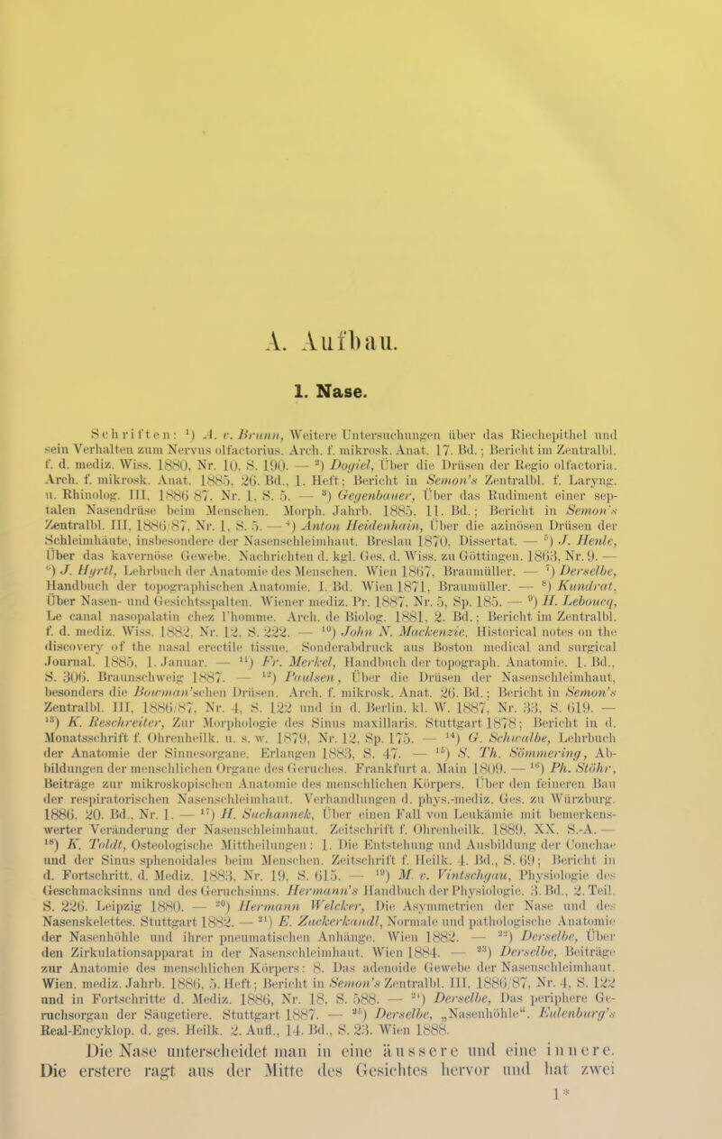 A. Aufbau. 1. Nase. Schriften: ') A. r. i)V«nH, Weitere Untersiu'hung'eu über das Rieohepitliel und sein Verhalten zum Nervus olfactorius. Arch. f. niikrosk. Anat. 17. Bd.; Berichtim Zeutralbl. f. d. niediz. Wiss. 1880, Nr. iU, S. 19U. — '') Dogiel, Über die Drüsen der Regio olfactoria. Arch. f. mikrosk. Anat. 1885. Bd., 1. Heft; Bericht in Semon's Zeutralbl. f. Larjaig. u. Rhinolog. III, 188Ü 87, Nr. J., S. 5. — Gegenbaiter, Über das Rudiment einer sep- talen Nasendrüse beim Mensdien. Morph. Jahi'b. 1885, 11. Bd.; Bericht in Semoti'-^ Zentralbl. III, 1886 87, Nr. 1, 8. 5. — ■*) Antun Heidenhain, Über die azinösen Drüsen der Schleimhaute, iusbesoudere der Nasenschleiiuliaut. Breslau 187U, Dissertat. — '-') J. Heide, Über das kavernöse Gewebe. Nacbrichten d. kgl. Ges. d. Wiss. zu Güttingen. 18(5.^, Nr. 9.— J. Hi/rtl, Lehrbuch der Anatouiie des Menschen. Wien 1867, Braumüller. — ') I)en>-elbe, Handbucli der topograpliischen Auatinnie. I. Bd. Wieu 1871, Braumüller. — *) Kundrat, Über Nasen- und Gesichtsspalten. Wiener mediz. Pr. 1887, Nr. 5, Sp. 185. — H. Leboucq, Le canal na.'^opalatiu chez Thomme. Arch. de Biolog. 1881, 2. Bd.; Bericlit im Zentralbl. f. d. mediz. Wiss. 1882, Nr. 12. S. 222. — Jolni X. Mackenzie. Historical notcs ou tlie discovery of the nasal erectile ti.s.sue. Sonderabdruck aus Boston medical and surgical Journal. 1885, 1. Jannar. — j Fr. Merkel, Haudbuch der topograph. Auatomie. 1. Bd., S. 306. Braunschweig 1887. — '') Paulsen, Über die Drüsen der Nasensclileimhaut, besonders die Bon-nian'svht>n Drüsen. Arch. f. mikrosk. Anat. 26. Bd.; Bericht in Semon'fi Zentralbl. III, 1886,87, Nr. 4. S. 122 und in d. Berlin, kl. AV. 1887, Nr. 33, S. 619. — K. Reschreiter, Zur Morpliologie des Sinus inaxillai'is. Stuttgart 1878; Bericht in d. Monatsschrift f. Ohrenbeilk. u. s. w. 1879, Nr. 12, Sp. 175. — O. Schn aihe, Lelirbucli der Anatomie der Sinnesorgane. Erlangen 1883, S. 47. — «S. Th. Sihnniering, Ab- bildungen der menschli(^hen Organe des Geruches. Frankfurt a. Main 1809. — ) Ph. Slöhr, Beitrage zur mikroskopisclifu Anatomie des uu'uscldiclu'n Körpers. Uber den feineren Bau der respiratorisclien Naseiisclileimliant. Verliandlungen d. phys.-mediz. Ges. zu Wiirzl)urg. 1886, 20. Bd., Nr. 1. — ^'') H. Suchannek, Über einen Fall von Ijeukämie mit bemerkens- werter Veränderung der Nasensclileimhaut. Zeitsclirift f. Ohrenbeilk. 1889, XX. S.-A. — *) K. 7'oW<, Osteologische Mittheilungen: 1. Die Entstelmug und Ausbildung der Couchae und der Sinus sphenoidales beim Mensclum. Zeitschrift f. Heilk. 4. Bd., S. 69; Bericht in d. Fortschritt, d. Mediz. 1883. Nr. 19, S. 615. — M v. Vintschr/au, Physiologie des Geschmacksinns und des Geraclisinns. i/erw«?j/t'Ä Handbuch der Pliysiologie. !}. Bd., 2. Teil. S. 226. Leipzig 1880. — Hermann Welcker, Die Asymnu-trien der Nase und de^; Nasenskelettes. Stuttgart 1882. —• E. Zaekerkandl, Normale und pathologiscln; Anatomii' der Nasenhöhle und ihrer pneumatischen Anli.ange. Wien 1882. — Derselbe, Über den Zirkulationsapparat in der Nasenschleimhaut. Wien 1884. — ^'''j Herselbe, beitrage zur Anatomie des menschlichem Körpers: 8. Das adenoide Gewebe der Na.senschleimhaut. Wien, mediz. Jahrb. 1886, 5. Heft; Bericlit in .S'ew/o».'.* Zentralbl. III. 1886/87, Nr. 4, S. 122 und in Fortschritte d. Mediz. 1886, Nr. 18, S. 588. — '^') Derselbe, Das periphere Gc- nichsorgan der Säugetiere. Stuttgart 1887. — '^'') Derselbe, „Nasenhöhle. Eulenburg's Beal-Encyklop. d. ges. Heilk. 2. Aufl., 14. Bd., S. 23. Wien 1888. Die Nase imterHcheidet man in eine äussere und eine innere. Die erstere rag-t aus der Mitte des Gesichtes hervor und liat zwei