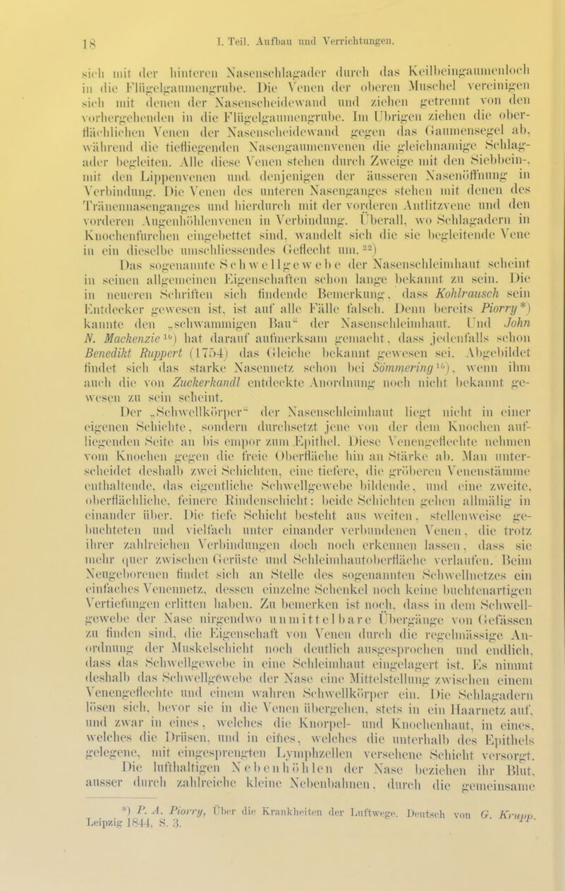 sich mit der liiiitercn Naseiisclilaii-adcr (liircli das Keilbein^i-aninonloeli in die Flii-x'lpiuuien^rube. Die \vwu der ol)cren Museliel vereiniji-eii sieh mit denen der Nasenseheidewand und ziehen fietrennt Aon den v<)rlier<;'ehenden in die Flü^-elpiumenp-nbe. Im Ubri<;-en zielien die obcr- t1ä<'hlichen Venen der Nasensehcidewand iieiivn das (lanmense.^el ab, während die tiefbe^icnden Xasenj^aumenvenen die ^•leiehnanii^e Seldaj;-- ader l)e^leiten. Alle diese Venen stehen dnreh Zweig'e mit den Siebbein-, nnt den Lijjpenvenen und denjeni<;-en der äusseren Xasenütfnuni;- in Verl)indung-. Die Venen des unteren Nasen<;anj;-es stehen mit denen des Tränennaseuii-anii'es und hierdurch mit der vorderen Antlitzvene und den vorderen Aui;-enli()ldcnvenen in Verbindung-. L-berall, wo Schlagadern m Knochenturchen eingebettet sind. Avandelt sich die sie begleitende Vene in ein dieselbe umsehliessendes Geflecht um. '^^) Das sogenannte S e h w e 11 g-0 w e b e der Nasenschleimhaut seheint in seinen allgemeinen Eigenschaften schon lange l)ekannt zn sein. Die in neueren Schriften sich findende Bemerkung, dass Kohlrauseh sein Entdecker gewesen ist, ist auf alh^ Fälle iälsch. Denn bereits Piorry*) kannte den ..sehwannnigen Bau der Xasens(dileindiaut. Und John N. Maekenzie^^) hat darauf aufmerksam gemacht, dass jedenfalls schon Benedikt Huppert (17r)4) das (ileiclie bekannt gewesen sei. Abgebildet tindet sich das starke Xasennetz schon bei Söminering'^^}. wenn ihm auch die von Zuckerkandl entdeckte Anordnung noch nicht bekannt g'C- wesen zu sein seheint. Der ..Schwcllköri)er der Xasenschleindiaut lieg-t nicht in einer eigenen Schichte, sondern durchsetzt jene von der dem Knochen auf- liegenden Seite an bis em])or zum Epithel. Diese Venengeflechte nehmen vom Knochen gegen die freie Obertiächc hin an Stärke ab. Man unter- scheidet deshalb zwei Schichten, eine tiefere, die griiberen WMienstännne enthaltende, das eigentliche Schwellgewebe bildende, und eine zweite, oberflächliche. f(Mnere Rindenschicht: beide Schichten gehen allniälig in einander lilier. Die tiefe Schicht besteht aus weiten, stellenweise ge- buchteten und vielfach unter einaiuler verbundenen Venen, die trotz ihrer zahlreichen Verbindungen doch noch erkennen lassen, dass sie mehr (juer zwischen rierüste und Schleindiautobertläche verlaufen. Beim Xeugeborenen tindet sich an Stelle des sogenannten Schwellnetzes ein eintäches Venennetz, dessen einzelne Schenkel noch keine buchtenartig-en Vertiefungen erlitten haben. Zu bemerken ist noch, dass in dem Schwell- g-ewebe der Nase nirgendwo unmittelbare Überg-änge von (befassen zu finden sind, die Eigenschaft von Venen durch die regelmässige An- ordnung der Muskelschicht noch deutlich ausges|n-ochen und endlich, dass das Schwellgewebe in eine Schleimhaut eingelagert ist. Es ninnnt deshalb das Schwellgcwebe der Nase eine Mittelstellung zwischen einem Venengeflechte und einem wahren Sclnvellkörper ein. Die Schlagadern lösen sich, bevor sie in die Venen übergehen, stets in ein Haarnetz auf. und zwar in eines, welches die Knorpel- und Knochenhaut, in eines, welches die Drüsen, und in eihes, welches die unterhall) des Epitliels g-clegenc, mit eingesprengten Lymphzellen versehene Schicht versorgt. Die lufthaltigen X e b e n h b h len der Xase beziehen iiir Blut, ausser durch zahlreiche kleine Xebenbahnen, durch die »•enieinsanie *) P. A. Piorrij, IIIht di.. Kmiiklifiten der Luftwfgv. Deutsch von G Kr Leipzig 1844, S. 3.