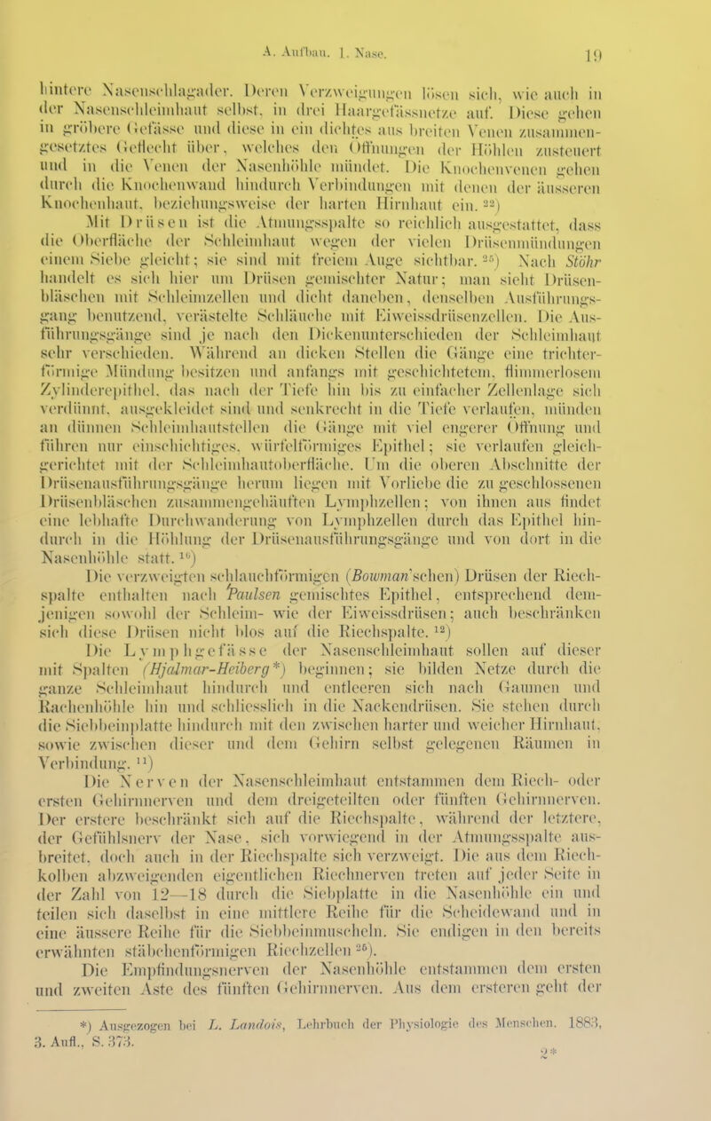 10 liinteiT Naseiisclilaiiadcr. Dcivn \'crz\vci-iin-;(Mi i;>scii sicli, wie aiicli in (lor Nasonschloiinliniit selbst, in drei Haartetassuetze auf. Diese i;-elien in i;r(>bere (Jefasse und (liej>e in ein diehtes aus breiten Venen zusannnen- ireset/tes (letieelit über, welehes den (>ttnun^-en <ler Ili'dden zusteuert und in die Venen der Nasenböble mündet. Die Knoehenvenen i;'chen dnreli die KnoehcMiwand liindureh Verbinduni;-en mit denen der äusseren Kuoelienbaut. beziehungsweise der harten Hirnhaut ein. 22) Mit Drüsen ist die Atnuui^-sspalte so reiehlieh aus«;-estattet, dass die Oberfläehe der Seldeindiaut we.ü'en der vielen Drüsenniündung-en einem Siebe ^-leieht; sie sind mit freiem Au<;'e siehtbar. '-•') Nach St'öhr handelt es sieh hier um Drüsen i;emisehter Natur; man sieht Drüsen- bläseheu mit Schlchnzellen und dieht daneben, denselben Ausführung-s- i;-ani;' benutzeml, verästelte Sehläuehe mit Kiweis.sdrüsenzellen. Die Aus- fiihrun^siiäng-e sind je naeh den Diekenunterschieden der Seldeindiaut sehr verschieden. Während an dicken Stellen die Gäng-e eine trichter- fürmi<i-e ^fündunii' besitzen und anfang-s mit ^•eschichtetem. flinimerlosem Zvlinderepithel. das nach der Tiefe hin bis zu einfacher Zelleidai;c sich verdünnt, aus<i'ekleidet sind und senkrecht in die Tiefe verlaufen, müiulen an dümien Sehleinduiutstellen die (iän^e mit viel eng-erer Offnunj^ und fiihren nur einschichtiii'cs. würfelflunniü-es l^pithel; sie verlaufen i;-leich- j!:erichtet mit (h>r Schleindiautoberfläche. l^m die oberen Abschnitte der Driisenausführun<i'sij:än<;'e herum lie^'cn nüt Vorliebe die zu g-eschlossenen Drüsenbläsehen zusammenjichäuften Lvm])hzellen; von ihnen aus findet eine lebhafte Durclnvanderunp; von Lvmphzellen durch das F.pithel hin- durch in die Hiddung: der Drüsenausführung;sgänge und von dort in die Nasenhidde statt, i')  Die verzweigten schlaucht()rmig-cn (Bowman'iichm) Drüsen der Riech- spalte enthalten nach IPaulsen g-emischtcs Epithel, entsprechend dem- jenig-en sowcdd der Schleim- wie der Eiweissdrüsen; auch beschränken si(di diese Drüsen nicht blos auf die Ricchspalte. ^2) Die L v m ]) hg-efässe der Nasenschlchnhaut sollen auf dieser mit Spalten (Hjalmar-Heiberg*) beg'innen; sie bilden Netze durch die g:anze Schleindiaut hindurch und entleeren sich nach Gaumen und Kachenhöhle hin und schliesslich in die Nackendrüsen. Sie stehen durch die Siebbeinplatte hiiulurch mit den zwischen harter und wHMclier Hirnhaut, sowie zwischen dieser und dem (iehirn selbst g-eleg-enen Räumen in Verbindung,'. Die Nerven der Xasenschleimhaut entstammen dem Riech- oder ersten Gehirimerven und dem dreig^eteilten oder fünften (iehirnnerven. Der erstere beschränkt sich auf die Riechsjialte, während der letztere, der Gefühlsnerv der Xase. sich vorwieg'cnd in der Atnmng-ss])alte aus- breitet. (U>ch auch in der Riechs))alte sich verzweig't. Die aus dem Riech- kolben abzweig-enden eig'entlichen Riechnerven treten auf jeder Seite in der Zahl von 12—18 durch die Siebplatte in die Nasenhidde ein und feilen sich daselbst in eine nnttlere Reihe für die Scdicidewand und in eine äussere Reihe für die Siebbeinmuscheln. Sie endig'en in den bereits erwähnten stäbchenfVtnnig-en Ricchzellen Die Emptindung'snerven der Nasenhöhle entstannnen dem ersten und zw eiten Aste des fünften (Jehirnnerven. Aus dem ersteren g-eht der *) Au.«{rezogen bei L. Landoift, Lflirhncli der l'liysiologie des .Alensclicn. 1883, 3. Aufl.. S.'m. 2*