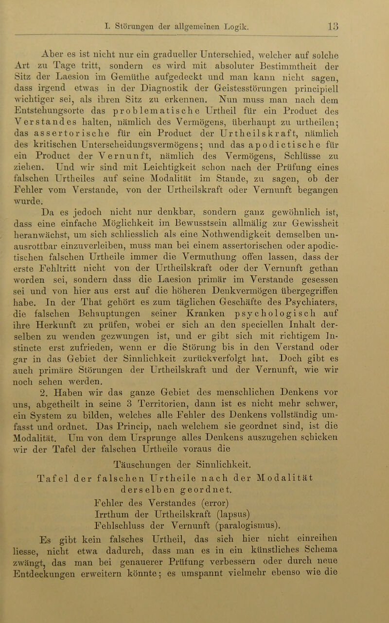 Aber es ist nicht nur ein gradueller Unterschied, Avelcher auf solche Art zu Tage tritt, sondern es wird mit absoluter Bestimmtheit der Sitz der Laesion im Gemüthe aufgedeckt und man kann nicht sagen, dass irgend etwas in der Diagnostik der Geistesstörungen principiell wichtiger sei, als ihren Sitz zu erkennen. Nun muss man nach dem Entstehungsorte das problematische Urtheil für ein Product des Verstandes halten, nämlich des Vermögens, überhaupt zu urtheilen* das assertorische für ein Product der Urtheilskraft, nämlich des kritischen UnterscheidungsVermögens; und das ap 0 d ictisch e für ein Product der Vernunft, nämlich des Vermögens, Schlüsse zu ziehen. Und Avir sind mit Leichtigkeit schon nach der Prüfung eines falschen Urtheiles auf seine Modalität im Stande, zu sagen, ob der Fehler vom Verstände, von der Urtheilskraft oder Vernunft begangen wurde. Da es jedoch nicht nur denkbar, sondern ganz gewöhnlich ist, dass eine einfache Möglichkeit im Bewusstsein allmälig zur Gewissheit heranwächst, um sich schliesslich als eine Nothwendigkeit demselben un- ausrottbar einzAiverleiben, muss man bei einem assertorischen oder apodic- tischen falschen Urtheile immer die Vermuthung offen lassen, dass der erste Fehltritt nicht von der Urtheilskraft oder der Vernunft gethan worden sei, sondern dass die Laesion primär im Verstände gesessen sei und von hier aus erst auf die höheren Denkvermögen übergegriffen habe. In der That gehört es zum täglichen Geschäfte des Psychiaters, die falschen Behauptungen seiner Kranken psychologisch auf ihre Herkunft zu prüfen, wobei er sich an den speciellen Inhalt der- selben zu Avenden gezwungen ist, und er gibt sich mit richtigem In- stincte erst zufrieden, wenn er die Störung bis in den Verstand oder gar in das Gebiet der Sinnlichkeit zurückverfolgt hat. Doch gibt es auch primäre Störungen der Urtheilskraft und der Vernunft, wie wir noch sehen werden. 2. Haben wir das ganze Gebiet des menschlichen Denkens vor uns, abgetheilt in seine 3 Territorien, dann ist es nicht mehr schwer, ein System zu bilden, welches alle Fehler des Denkens vollständig um- fasst und ordnet. Das Princip, nach welchem sie geordnet sind, ist die Modalität. Um von dem Ursprünge alles Denkens auszugehen schicken Avir der Tafel der falschen Urtheile voraus die Täuschungen der Sinnlichkeit. Tafel der falschen Urtheile nach der Modalität derselben geordnet. Fehler des Verstandes (error) Irrthum der Urtheilskraft (lapsus) Fehlschluss der Vernunft (paralogismus). Es gibt kein falsches Urtheil, das sich hier nicht einreihen Hesse, nicht etwa dadurch, dass man es in ein künstliches Schema zAvängt, das man bei genauerer Prüfung verbessern oder durch neue Entdeckungen erweitern könnte; es umspannt vielmehr ebenso wie die