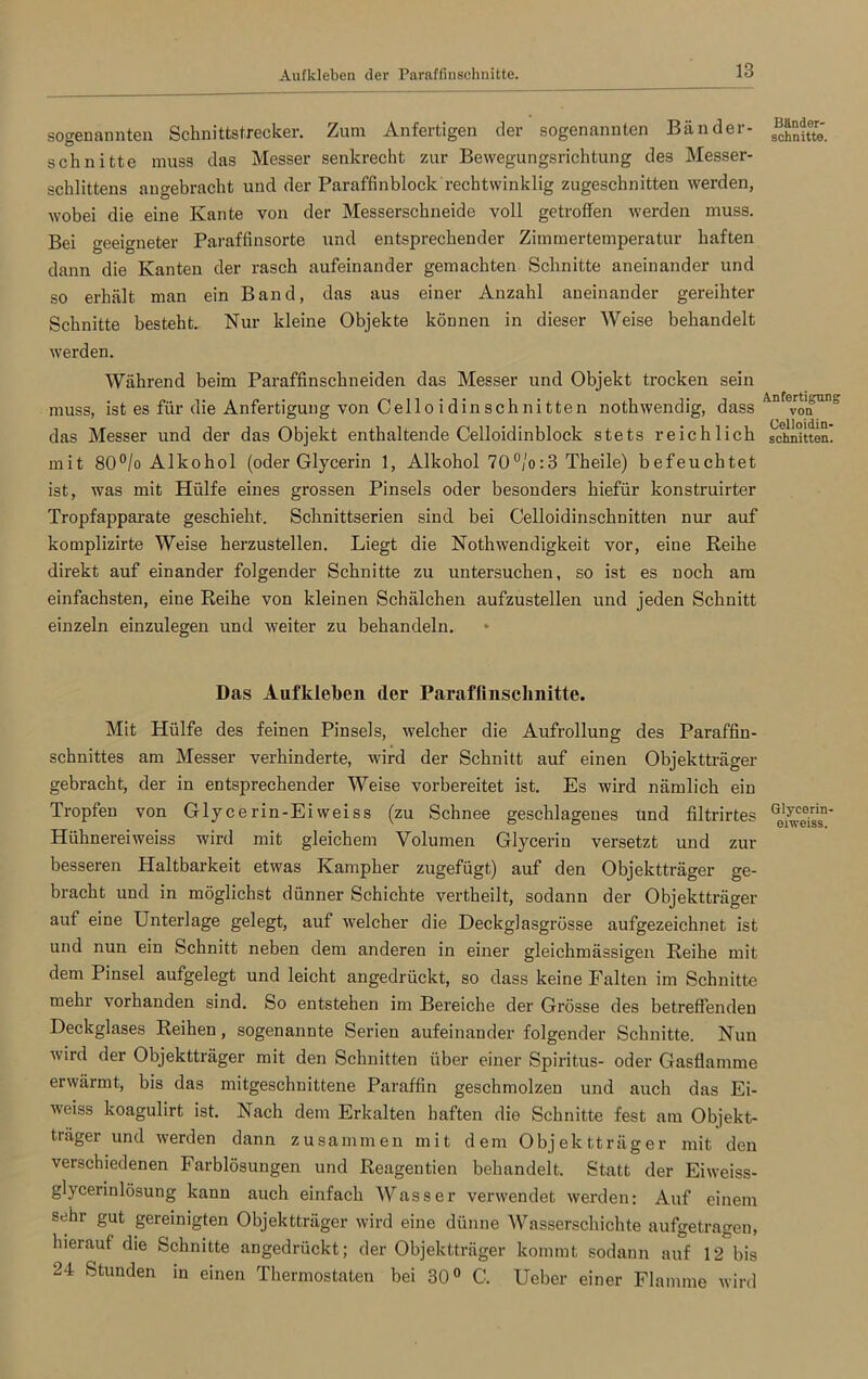 sogenannten Schnittstrecker. Zum Anfertigen der sogenannten Bänder- schnitte muss das Messer senkrecht zur Bewegungsrichtung des Messer- schlittens angebracht und der Paraffinblock rechtwinklig zugeschnitten werden, wobei die eine Kante von der Messerschneide voll getroffen werden muss. Bei geeigneter Paraffinsorte und entsprechender Zimmertemperatur haften dann die Kanten der rasch aufeinander gemachten Schnitte aneinander und so erhält man ein Band, das aus einer Anzahl aneinander gereihter Schnitte besteht. Kur kleine Objekte können in dieser Weise behandelt werden. Während beim Paraffinschneiden das Messer und Objekt trocken sein muss, ist es für die Anfertigung von Cello idin schni tten nothwendig, dass das Messer und der das Objekt enthaltende Celloidinblock stets reichlich mit 80°/o Alkohol (oder Glycerin 1, Alkohol 70°/o:3 Theile) befeuchtet ist, was mit Hülfe eines grossen Pinsels oder besonders hiefür konstruirter Tropfapparate geschieht. Schnittserien sind bei Celloidinschnitten nur auf komplizirte Weise herzustellen. Liegt die Nothwendigkeit vor, eine Reihe direkt auf einander folgender Schnitte zu untersuchen, so ist es noch am einfachsten, eine Reihe von kleinen Schälchen aufzustellen und jeden Schnitt einzeln einzulegen und weiter zu behandeln. Das Aufkleben der Paraflinsclinitte. Mit Hülfe des feinen Pinsels, welcher die Aufrollung des Paraffin- schnittes am Messer verhinderte, wird der Schnitt auf einen Objektträger gebracht, der in entsprechender Weise vorbereitet ist. Es wird nämlich ein Tropfen von Glycerin-Eiweiss (zu Schnee geschlagenes und filtrirtes Hühnereiweiss wird mit gleichem Volumen Glycerin versetzt und zur besseren Haltbarkeit etwas Kampher zugefügt) auf den Objektträger ge- bracht und in möglichst dünner Schichte vertheilt, sodann der Objektträger auf eine Unterlage gelegt, auf welcher die Deckglasgrösse aufgezeichnet ist und nun ein Schnitt neben dem anderen in einer gleichmässigen Reihe mit dem Pinsel aufgelegt und leicht angedrückt, so dass keine Falten im Schnitte mehr vorhanden sind. So entstehen im Bereiche der Grösse des betreffenden Deckglases Reihen, sogenannte Serien aufeinanderfolgender Schnitte. Nun wird der Objektträger mit den Schnitten über einer Spiritus- oder Gasflamme erwärmt, bis das mitgeschnittene Paraffin geschmolzen und auch das Ei- weiss koagulirt ist. Kach dem Erkalten haften die Schnitte fest am Objekt- träger und werden dann zusammen mit dem Objektträger mit den verschiedenen Farblösungen und Reagentien behandelt. Statt der Eiweiss- glycerinlösung kann auch einfach Wasser verwendet werden: Auf einem sehr gut gereinigten Objektträger wird eine dünne Wasserschichte aufgetragen, hierauf die Schnitte angedrückt; der Objektträger kommt sodann auf 12 bis 24 Stunden in einen Thermostaten bei 30° C. Ueber einer Flamme wird Bänder- schnitte. Anfertigung von Celloidin- schnitten. Glycorin- eiweiss.