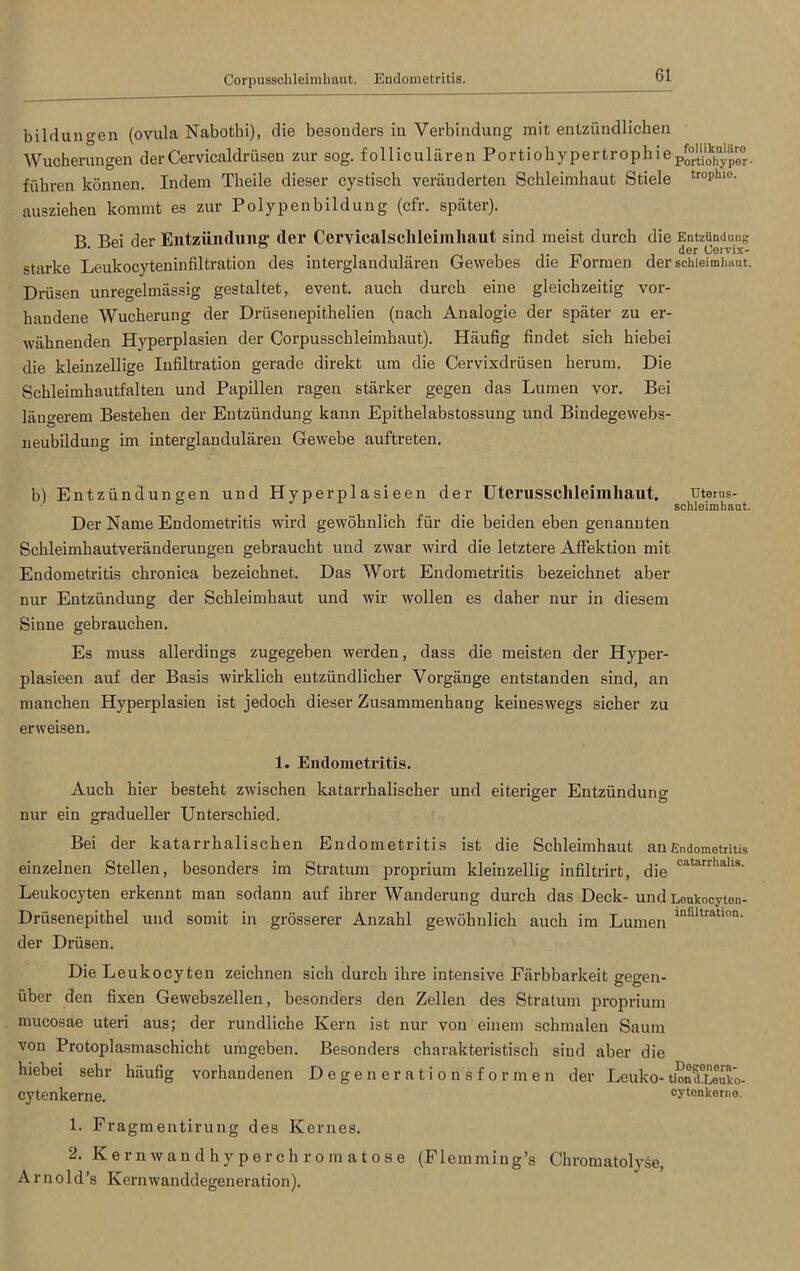 Corpusschleimhaut. Endometritis. bildungen (ovula Nabothi), die besonders in Verbindung mit entzündlichen Wucherungen derCervicaldrüsen zur sog. folliculären Portiohypertroph führen können. Indem Theile dieser cystisch veränderten Schleimhaut Stiele trophl0‘ ausziehen kommt es zur Polypenbildung (cfr. später). B Bei der Entzündung der Cervicalsclileimliaut sind meist durch die Entzündung • ^ der Cervix- starke Leukocyteninfiltration des interglandulären Gewebes die Formen der schioimimut. Drüsen unregelmässig gestaltet, event. auch durch eine gleichzeitig vor- handene Wucherung der Drüsenepithelien (nach Analogie der später zu er- wähnenden Hyperplasien der Corpusschleimhaut). Häufig findet sich hiebei die kleinzellige Infiltration gerade direkt um die Cervixdrüsen herum. Die Schleimhautfalten und Papillen ragen stärker gegen das Lumen vor. Bei längerem Bestehen der Entzündung kann Epithelabstossung und Bindegewebs- neubildung im interglandulären Gewebe auftreten. b) Entzündungen und Hyperplasieen der Uterusschleimliaut. uterus- Der Name Endometritis wird gewöhnlich für die beiden eben genannten Schleimhautveränderungen gebraucht und zwar wird die letztere Affektion mit Endometritis chronica bezeichnet. Das Wort Endometritis bezeichnet aber nur Entzündung der Schleimhaut und wir wollen es daher nur in diesem Sinne gebrauchen. Es muss allerdings zugegeben werden, dass die meisten der Hyper- plasieen auf der Basis wirklich entzündlicher Vorgänge entstanden sind, an manchen Hyperplasien ist jedoch dieser Zusammenhang keineswegs sicher zu erweisen. 1. Endometritis. Auch hier besteht zwischen katarrhalischer und eiteriger Entzündung nur ein gradueller Unterschied. Bei der katarrhalischen Endometritis ist die Schleimhaut an Endometritis einzelnen Stellen, besonders im Stratum proprium kleinzellig infiltrirt, die catarrhalls- Leukocyten erkennt man sodann auf ihrer Wanderung durch das Deck- und Leukocyten- Drüsenepithel und somit in grösserer Anzahl gewöhnlich auch im Lumen inhltratlon- der Drüsen. Die Leukocyten zeichnen sich durch ihre intensive Färbbarkeit gegen- über den fixen Gewebszellen, besonders den Zellen des Stratum proprium mucosae uteri aus; der rundliche Kern ist nur von einem schmalen Saum von Protoplasmaschicht umgeben. Besonders charakteristisch sind aber die hiebei sehr häufig vorhandenen Degenerationsformen der Leuko-tiondXoSTo- cytenkerne. oytonkerne. 1. Fragmentirung des Kernes. 2. Kernwandhyperchromatose (Flemming’s Chromatolyse, A r n o 1 d’s Kernwanddegeneration).