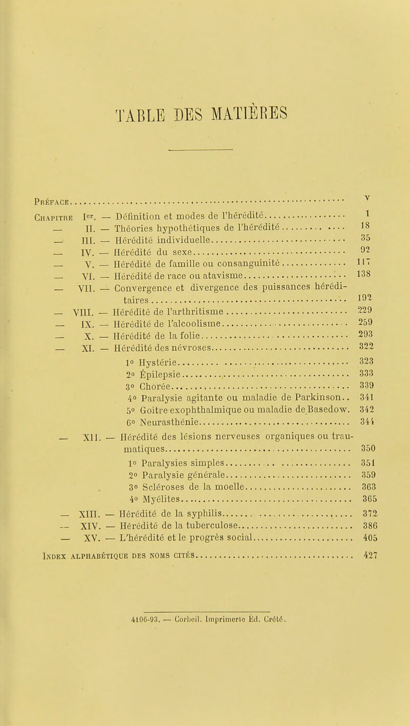 TABLE DES MATIÈRES Préface ^ Chapitre I. — Définition et modes de l'hérédité 1 — II. — Théories hypothétiques de l'hérédité 18 — m. — Hérédité individuelle 35 _ IV. — Hérédité du sexe 02 — V. — Hérédité de famille ou consanguinité 11 _ Vf. — Hérédité de race ou atavisme 138 _ VII. — Convergence et divergence des puissances hérédi- taires 102 — YIII. — Hérédité de l'arthritisme 229 — IX. — Hérédité de l'alcoolisme • 259 — X. — Hérédité de la folie 293 — XI. — Hérédité des névroses 322 1° Hystérie 323 2 Épilepsie 333 3° Chorée 339 4 Paralysie agitante ou maladie de Parkinson.. 341 5 Goitre exophthalmique ou maladie de Basedow. 342 G Neurasthénie 344 XII. — Hérédité des lésions nerveuses organiques ou trau- matiques 350 l Paralysies simples 351 2 Paralysie générale 359 3° Scléroses de la moelle 363 4» Myélites 365 — XIII. — Hérédité de la syphilis 372 — XIV. — Hérédité de la tuberculose 386 — XV. — L'hérédité et le progrès social 405 Index alphabétique des noms cités 427 4106-93. — Corljcil. Iniprimerlo Èd. Crilé.