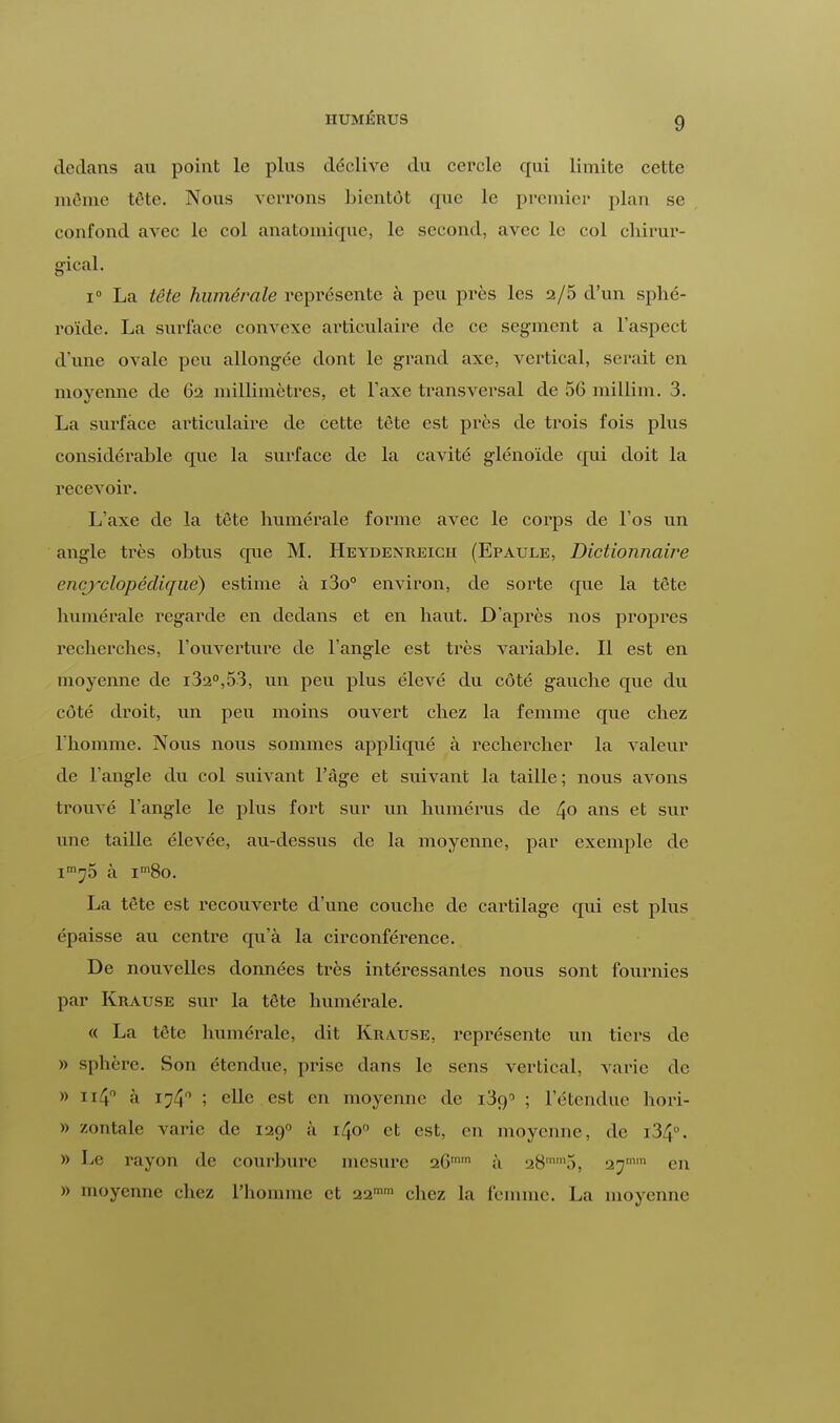 dedans au point le plus déclive du cercle qui limite cette même tète. Nous verrons bientôt que le premier plan se confond avec le col analomiquc, le second, avec le col chirur- gical. i° La tête humêrale représente à peu près les 2/5 d'un sphé- roïde. La surface convexe articiilaire de ce segment a l'aspect d'une ovale peu allongée dont le grand axe, vertical, serait en moyenne de 62 millimètres, et Taxe transversal de 56 millim. 3. La surface articulaire de cette tête est près de trois fois plus considérable que la surface de la cavité glénoïde qui doit la recevoir. L'axe de la tête humêrale forme avec le corps de l'os un angle très obtus que M. Heydenreicii (Epaule, Dictionnaire encyclopédique) estime à i3o° environ, de sorte que la tête humêrale regarde en dedans et en haut. D'après nos propres recherches, l'ouverture de l'angle est très variable. Il est en moyenne de i32°,53, un peu plus élevé du côté gauche que du côté droit, un peu moins ouvert chez la femme que chez l'homme. Nous nous sommes appliqué à rechercher la valeur de l'angle du col suivant l'âge et suivant la taille; nous avons trouvé l'angle le plus fort sur un humérus de 4° ans et sur une taille élevée, au-dessus de la moyenne, par exemple de im;?5 à im8o. La tête est recouverte d'une couche de cartilage qui est plus épaisse au centre qu'à la circonférence. De nouvelles données très intéressantes nous sont fournies par Krause sur la tête humêrale. « La tête humêrale, dit Krause, représente un tiers de » sphère. Son étendue, prise dans le sens vertical, varie de » ii4° à 174° ; elle est en moyenne de i39° ; l'étendue hori- » zontale varie de 1290 à 1400 et est, en moyenne, de i34°. » Le rayon de courbure mesure 2Gmm à 28mm5, 2^mm en » moyenne chez l'homme et 22mm chez la femme. La moyenne