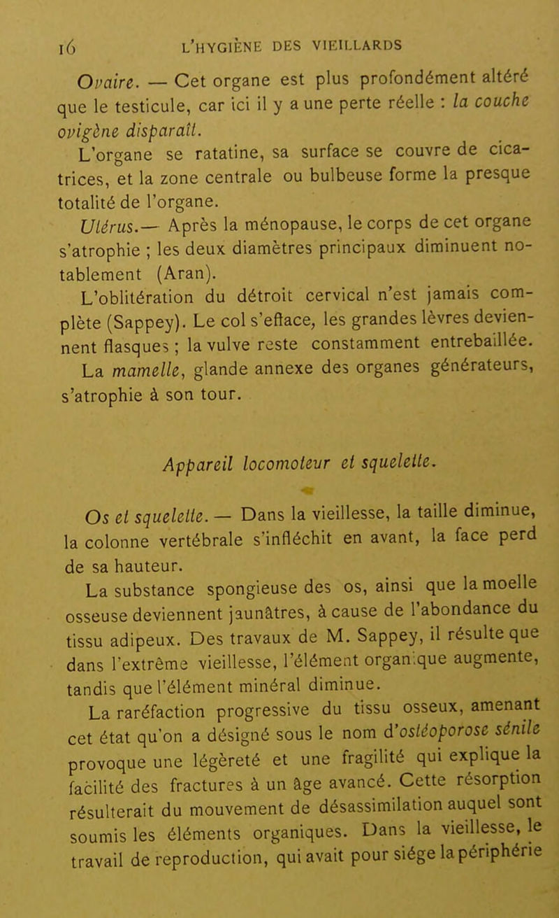 Oi)aire. — Cet organe est plus profondément altéré que le testicule, car ici il y aune perte réelle : la couche ovigène disparaît. L'organe se ratatine, sa surface se couvre de cica- trices, et la zone centrale ou bulbeuse forme la presque totalité de l'organe. Utérus.— Après la ménopause, le corps de cet organe s'atrophie ; les deux diamètres principaux diminuent no- tablement (Aran). L'oblitération du détroit cervical n'est jamais com- plète (Sappey). Le col s'eftace, les grandes lèvres devien- nent flasques ; la vulve reste constamment entrebaillée. La mamelle, glande annexe des organes générateurs, s'atrophie à son tour. Appareil locomotevr et squelette. Os et squelette. — Dans la vieillesse, la taille diminue, la colonne vertébrale s'infléchit en avant, la face perd de sa hauteur. La substance spongieuse des os, ainsi que la moelle osseuse deviennent jaunâtres, à cause de l'abondance du tissu adipeux. Des travaux de M. Sappey, il résulte que dans l'extrême vieillesse, l'élément organique augmente, tandis que l'élément minéral diminue. La raréfaction progressive du tissu osseux, amenant cet état qu'on a désigné sous le nom d'ostéoporose sénile provoque une légèreté et une fragilité qui explique la facilité des fractures à un âge avancé. Cette résorption résulterait du mouvement de désassimilation auquel sont soumis les éléments organiques. Dans la vieillesse, le travail de reproduction, qui avait pour siège la périphérie