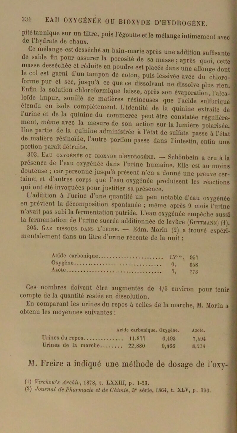 lit EAU OXYGÉNÉE OU BIOXYDE D’HYDROGÈNE. pilétannique sur un filtre, puis l’égoutte elle mélange intimement avec de 1 hydrate de chaux. Ce mélange est desséché au bain-marie après une addition suffisante de sable fin pour assurer la porosité de sa masse ; après quoi, cette masse desséchée et réduite en poudre est placée dans une allonge dont le col est garni d un tampon de coton, puis lessivée avec du chloro- forme pur et sec, jusqu’à ce que ce dissolvant ne dissolve plus rien. Enfin la solution chloroformique laisse, après son évaporation, l’alca- loïde impur, souillé de matières résineuses que l’acide sulfurique étendu en isole complètement. L’identité de la quinine extraite de 1 urine et de la quinine du commerce peut être constatée régulière- ment, même avec la mesure de son action sur la lumière polarisée. Une partie de la quinine administrée à l’état de sulfate passe à l’état de matière résinoïde, l’autre portion passe dans l’intestin, enfin une portion paraît détruite. 303. Eau oxygénée ou bioxyde d'hydrogène. — Schonbein a cru .à la présence de l’eau oxygénée dans l’urine humaine. Elle est au moins douteuse ; car personne jusqu à présent n’en a donné une preuve cer- taine, et d autres corps que l’eau oxygénée produisent les réactions qui ont été invoquées pour justifier sa présence. L’addition à l’urine d’une quantité un peu notable d’eau oxygénée en prévient la décomposition spontanée ; même après 9 mois l’urine n avait pas subi la fermentation putride. L’eau oxygénée empêche aussi la fermentation de l’urine sucrée additionnée de levûre (Guttmann) (I). 304. Gaz dissous dans l’urine. — Edm. Morin (2) a trouvé expéri- mentalement dans un litre d'urine récente de la nuit : Acide carbonique 15c,c- 957 0x}’g*ne 0, 658 Azote 7, 773 Ces nombres doivent être augmentés de I/o environ pour tenir compte de la quantité restée en dissolution. En comparant les urines du repos à celles de la marche, M. Morin a obtenu les moyennes suivantes : Acide carbonique. Oxygène. Azote. Urines du repos 11,877 0,493 7,494 Urines de la marche 22,880 0,4GG 8,214 M. Freire a indiqué une méthode de dosage de l’oxy- (0 Virchow's Archiv, 1878, t. LXXIII, p. 1-23.