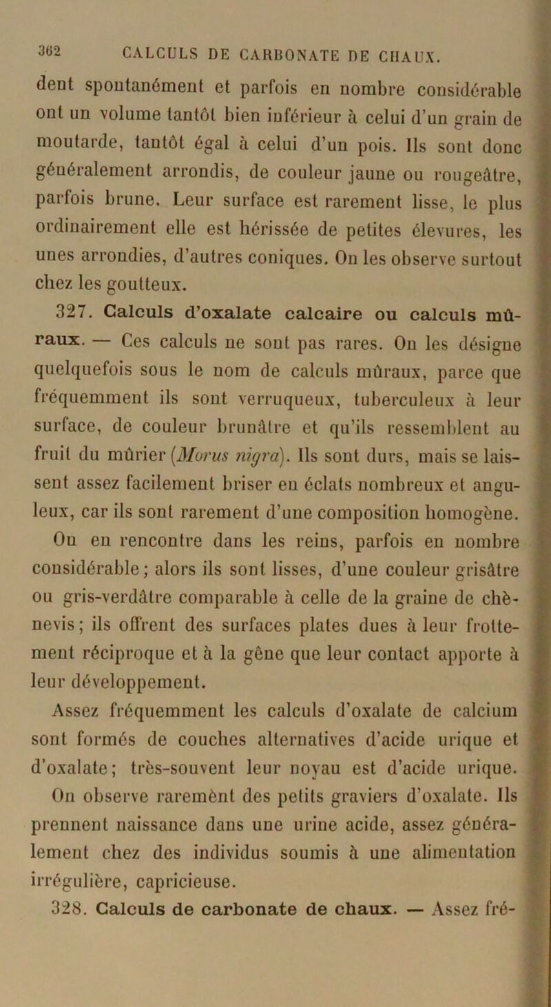 dent spontanément et parfois en nombre considérable ont un volume tantôt bien inférieur à celui d’un grain de moutarde, tantôt égal à celui d’un pois. Ils sont donc généralement arrondis, de couleur jaune ou rougeâtre, parfois brune. Leur surface est rarement lisse, le plus ordinairement elle est hérissée de petites élevures, les unes arrondies, d’autres coniques. On les observe surtout chez les goutteux. 327. Calculs d’oxalate calcaire ou calculs mû- raux. — Ces calculs ne sont pas rares. Ou les désigne quelquefois sous le nom de calculs muraux, parce que fréquemment ils sont verruqueux, tuberculeux à leur surface, de couleur brunâtre et qu’ils ressemblent au fruit du mûrier [Murus nigra). Ils sont durs, mais se lais- sent assez facilement briser eu éclats nombreux et angu- leux, car ils sont rarement d’une composition homogène. Ou en rencontre dans les reins, parfois en nombre considérable; alors ils sont lisses, d’une couleur grisâtre ou gris-verdâtre comparable à celle de la graine de chè- nevis ; ils offrent des surfaces plates dues à leur frotte- ment réciproque et à la gêne que leur contact apporte à leur développement. Assez fréquemment les calculs d’oxalate de calcium sont formés de couches alternatives d’acide urique et d’oxalate; très-souvent leur noyau est d’acide urique. On observe raremènt des petits graviers d’oxalate. Ils prennent naissance dans une urine acide, assez généra- lement chez des individus soumis à une alimentation irrégulière, capricieuse. 328. Calculs de carbonate de chaux. — Assez fré-