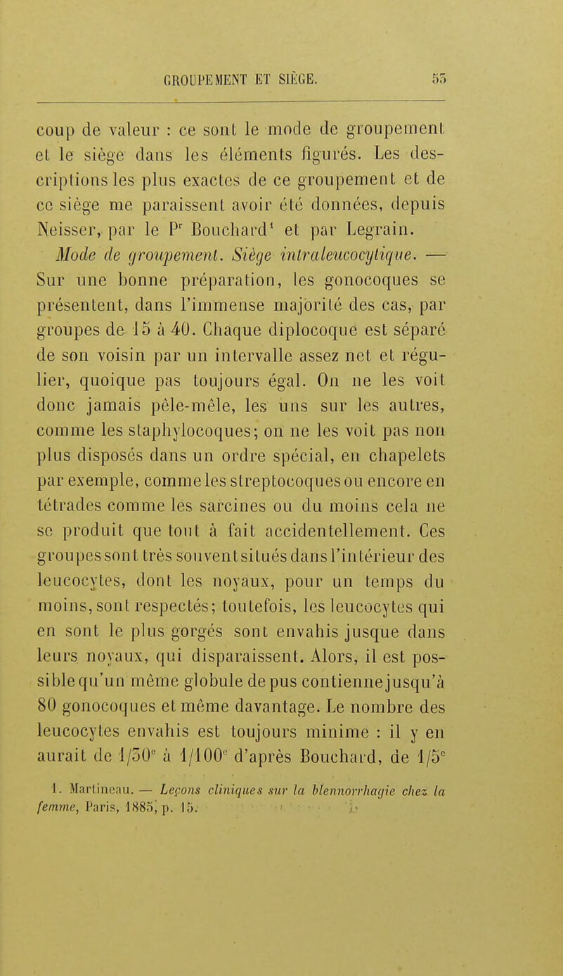GROUPEMENT ET SIÈGE. 55 coup de valeur : ce sont le mode de groupement, et le siège dans les éléments figurés. Les des- criptions les plus exactes de ce groupement et de ce siège me paraissent avoir été données, depuis Neisser, par le P' Bouchard* et par Legrain. Mode de groupement. Siège inlraleucocylique. — Sur une bonne préparation, les gonocoques se présentent, dans l'immense majorité des cas, par groupes de 15 à 40. Chaque diplocoque est séparé de son voisin par un intervalle assez net et régu- lier, quoique pas toujours égal. On ne les voit donc jamais pêle-mêle, les uns sur les autres, comme les staphylocoques; on ne les voit pas non plus disposés dans un ordre spécial, en chapelets par exemple, comme les streptocoques ou encore en tétrades comme les sarcines ou du moins cela ne se produit que tout à fait accidentellement. Ces groupes sont très souventsitués dans l'intérieur des leucocytes, dont les noyaux, pour un temps du moins, sont respectés; toutefois, les leucocytes qui en sont le plus gorgés sont envahis jusque dans leurs noyaux, qui disparaissent. Alors, il est pos- sible qu'un même globule de pus contienne jusqu'à 80 gonocoques et même davantage. Le nombre des leucocytes envahis est toujours minime : il y en aurait de l/oO à 4/100 d'après Bouchard, de 1/5^ 1. Marlinen».— Leçons cliniques sur la blennorrhaejie chez la femme, Paris, 1885^ p. lu. ■ i-