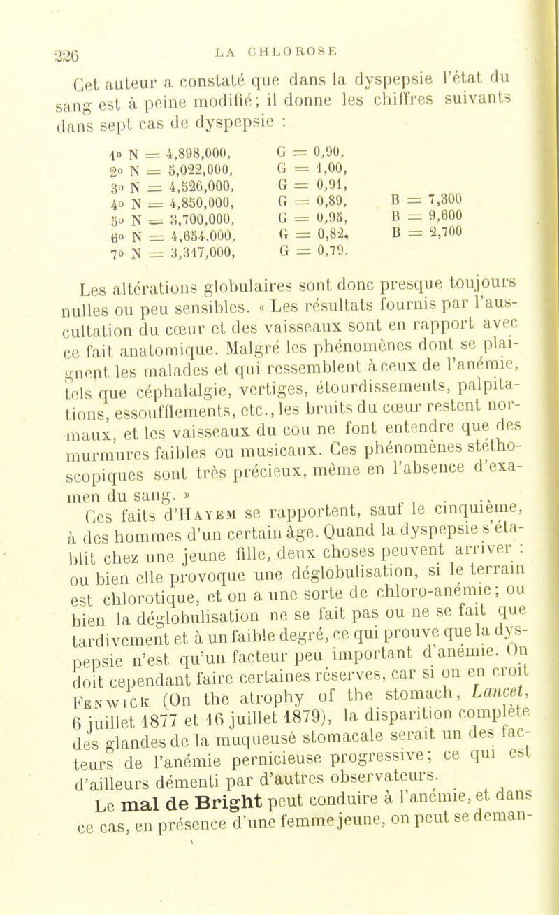 22Q LA CHLOROSE Cet auteur a constaté que dans la dyspepsie l'état du sang est à peine modifié; il donne les chiffres suivants dans sept cas de dyspepsie : 40 N == 4,898,000, G = 0,90, 2° N = 5,022,000, G = 1,00, 3» N = 4,526,000, G = 0,91, 4 N = 4,850,000, G = 0,89, B = 5 N = 8,700,000, G = 0,95, B = 6° N = 4,654,000, r, = 0,82, B = 70 N = 3,3-17,000, G - 0,79. Les altérations globulaires sont donc presque toujours nulles ou peu sensibles. « Les résultats fournis par l'aus- cultation du cœur et des vaisseaux sont en rapport avec ce fait anatomique. Malgré les phénomènes dont se plai- gnent les malades et qui ressemblent à ceux de l'anémie, tels que céphalalgie, vertiges, étourdissements, palpita- tions, essoufflements, etc., les bruits du cœur restent nor- maux et les vaisseaux du cou ne font entendre que des murmures faibles ou musicaux. Ces phénomènes stetho- scopiques sont très précieux, même en l'absence d'exa- men du sang. » Ces faits d'il a y eh se rapportent, sauf le cinquième, a des hommes d'un certain âge. Quand la dyspepsie s'éta- blit chez une jeune fille, deux choses peuvent arriver : ou bien elle provoque une déglobulisation, si le terrain est chlorotique, et on a une sorte de chloro-anemie; ou bien la déglobulisation ne se fait pas ou ne se fait que tardivement et à un faible degré, ce qui prouve que la dys- pepsie n'est qu'un facteur peu important d anémie. Un doit cependant faire certaines réserves, car si on en croit Fenwicic (On the atrophy of the stomach, Lancet, 6 juillet 1877 et 16 juillet 1879), la disparition complète des glandes de la muqueuse stomacale serait un des fac- teurs de l'anémie pernicieuse progressive; ce qui est d'ailleurs démenti par d'autres observateurs. Le mal de Bright peut conduire à l'anemie, et dans ce cas, en présence d'une femme jeune, on peut se deman-