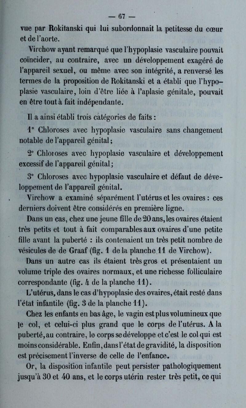 vue par Rokitanski qui lui subordonnait la petitesse du cœur et de l’aorte. Virchow ayant remarqué que l’hypoplasie vasculaire pouvait coïncider, au contraire, avec un développement exagéré de l’appareil sexuel, ou même avec son intégrité, a renversé les termes de la proposition de Rokitanski et a établi que l’hypo- plasie vasculaire, loin d’être liée à l’aplasie génitale, pouvait en être tout à fait indépendante. Il a ainsi établi trois catégories de faits : 1° Chloroses avec hypoplasie vasculaire sans changement notable de l’appareil génital ; 2° Chloroses avec hypoplasie vasculaire et développement excessif de l’appareil génital; 3° Chloroses avec hypoplasie vasculaire et défaut de déve- loppement de l’appareil génital. Virchow a examiné séparément l’utérus et les ovaires : ces derniers doivent être considérés en première ligne. Dans un cas, chez une jeune fille de 20 ans, les ovaires étaient très petits et tout à fait comparables aux ovaires d’une petite fille avant la puberté : ils contenaient un très petit nombre de vésicules de de Graaf (fig. 1 delà planche 11 de Virchow). Dans un autre cas ils étaient très gros et présentaient un volume triple des ovaires normaux, et une richesse folliculaire correspondante (fig. 4 de la planche 11). L’utérus, dans le cas d’hypoplasie des ovaires, était resté dans l’état infantile (fig. 3 de la planche 11). Chez les enfants en bas âge, le vagin est plus volumineux que le col, et celui-ci plus grand que le corps de l’utérus. A la puberté, au contraire, le corps se développe et c’est le col qui est moins considérable. Enfin, dans l’état de gravidité, la disposition est précisément l’inverse de celle de l’enfance. Or, la disposition infantile peut persister pathologiquement jusqu’à 30 et 40 ans, et le corps utérin rester très petit, ce qui