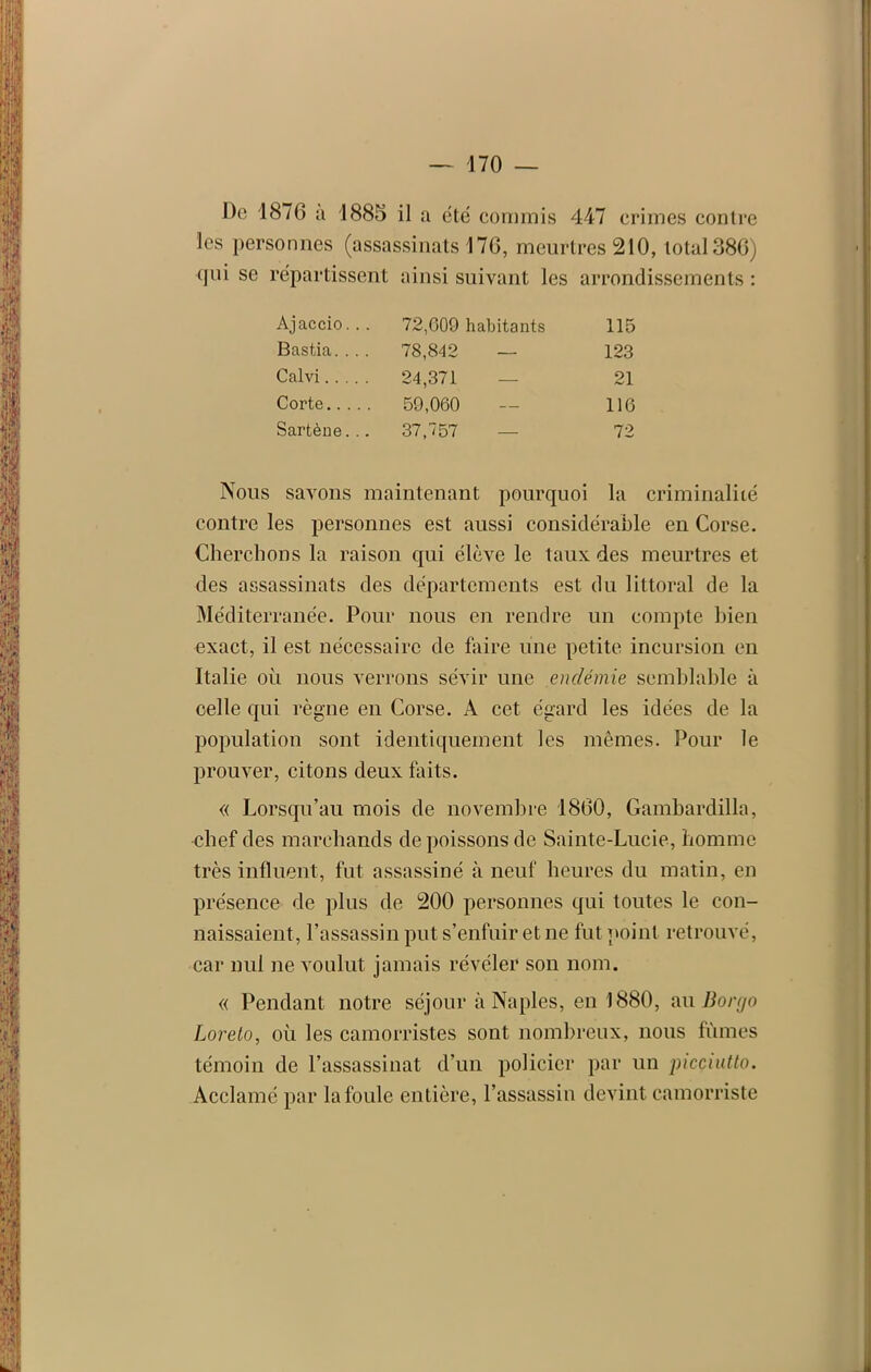 De 1876 à 1885 il a été commis 447 crimes contre les personnes (assassinats 176, meurtres 210, total 386) qui se répartissent ainsi suivant les arrondissements : Ajaccio... 72,009 habitants 115 Bastia 78,842 — 123 Calvi 24,371 — 21 Corte 59,060 — 116 Sartène... 37,757 — 72 Nous savons maintenant pourquoi la criminalité contre les personnes est aussi considérable en Corse. Cherchons la raison qui élève le taux des meurtres et des assassinats des départements est du littoral de la Méditerranée. Pour nous en rendre un compte bien exact, il est nécessaire de faire une petite incursion en Italie où nous verrons sévir une endémie semblable à celle qui règne en Corse. A cet égard les idées de la population sont identiquement les mêmes. Pour le prouver, citons deux faits. « Lorsqu’au mois de novembre 1860, Gambardilla, chef des marchands de poissons de Sainte-Lucie, homme très influent, fut assassiné à neuf heures du matin, en présence de plus de 200 personnes qui toutes le con- naissaient, l’assassin put s’enfuir et ne fut point retrouvé, car nul ne voulut jamais révéler son nom. « Pendant notre séjour à Naples, en 1880, au Borgo Lorelo, où les camorristes sont nombreux, nous fûmes témoin de l’assassinat d’un policier par un picciutto. Acclamé par la foule entière, l’assassin devint camorriste