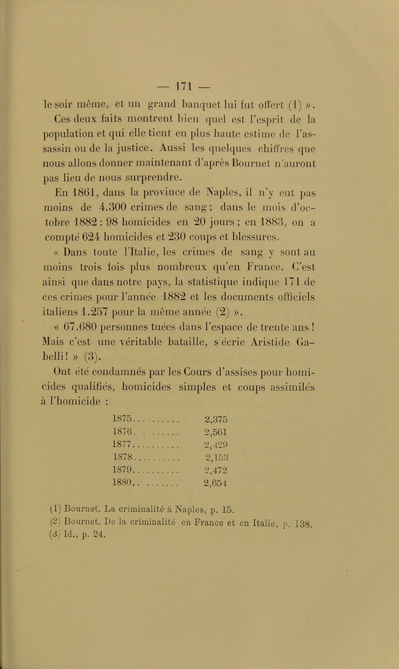 le soir même, et un grand banquet lui fut offert (1) ». Ces deux faits montrent bien quel est l’esprit de la population et qui elle tient en plus haute estime de l’as- sassin ou de la justice. Aussi les quelques chiffrés que nous allons donner maintenant d’après Bournet n’auront pas lieu de nous surprendre. En 1861, dans la province de Naples, il n’y eut pas moins de 4.300 crimes de sang ; dans le mois d’oc- tobre 1882: 98 homicides en 20 jours ; en 1883, on a compté 624 homicides et 230 coups et blessures. « Dans toute l’Italie, les crimes de sang y sont au moins trois fois plus nombreux qu’en France. C’est ainsi que dans notre pays, la statistique indique 171 de ces crimes pour l’année 1882 et les documents officiels italiens 1.257 pour la même année (2) ». « 67.680 personnes tuées dans l’espace de trente ans ! Mais c’est une véritable bataille, s'écrie Aristide Ga- belli! » (3). Ont été condamnés par les Cours d’assises pour homi- cides qualifiés, homicides simples et coups assimilés à l’homicide : 1875 2,375 1876 2,561 1877 2,-129 1878 2,153 1879 2,472 1880 2,654 (1) Bournet. La criminalité à Naples, p. 15. (2) Bournet. De la criminalité en France et en Italie, p. 138. (3) Ici., p. 24.