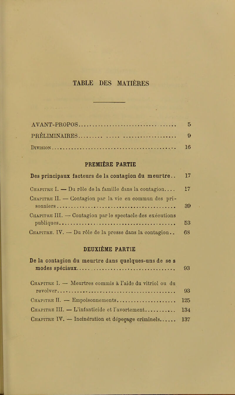 TABLE DES MATIÈRES AVANT-PROPOS 5 PRÉLIMINAIRES 9 Division 16 PREMIÈRE PARTIE Des principaux facteurs de la contagion du meurtre.. 17 Chapitre I. — Du rôle de la famille dans la contagion.... 17 Chapitre II. — Contagion par la vie en commun des pri- sonniers 39 Chapitre III. — Contagion par le spectacle des exécutions publiques 53 Chapitre. IV. — Du rôle de la presse dans la contagion.. 68 DEUXIÈME PARTIE De la contagion du meurtre dans quelques-uns de se s modes spéciaux 93 Chapitre I. — Meurtres commis à l’aide du vitriol ou du revolver 93 Chapitre II. —Empoisonnements 125 Chapitre III. — L’infanticide et l'avortement 134 Chapitre IV. — Incinération et dépeçage criminels 137