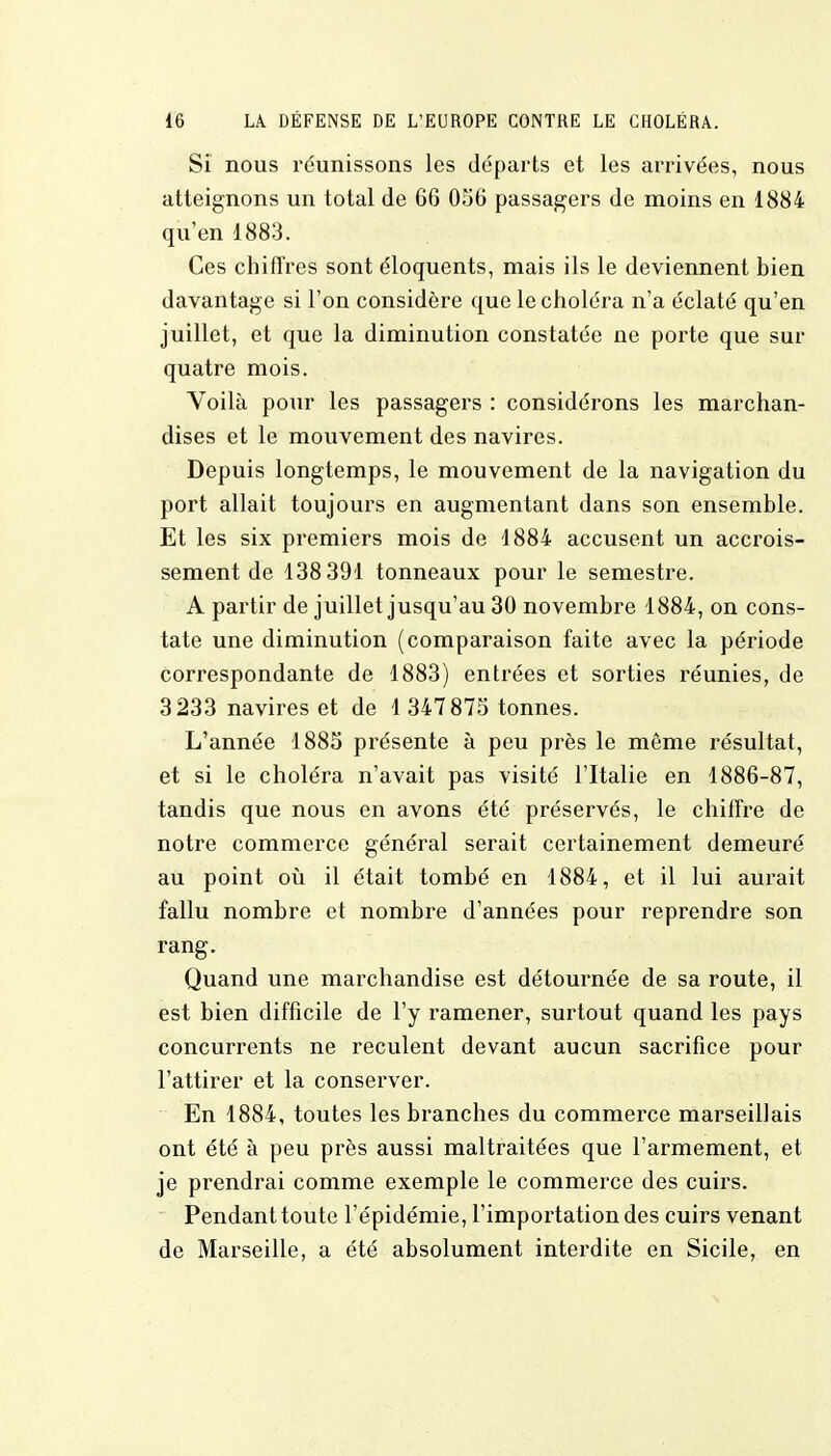 Si nous réunissons les départs et les arrivées, nous atteignons un total de 66 056 passagers de moins en 1884 qu'en 1883. Ces chiffres sont éloquents, mais ils le deviennent bien davantage si Ton considère que le choléra n'a éclaté qu'en juillet, et que la diminution constatée ne porte que sur quatre mois. Voilà pour les passagers : considérons les marchan- dises et le mouvement des navires. Depuis longtemps, le mouvement de la navigation du port allait toujours en augmentant dans son ensemble. Et les six premiers mois de 1884 accusent un accrois- sement de 138 391 tonneaux pour le semestre. A partir de juillet jusqu'au 30 novembre 1884, on cons- tate une diminution (comparaison faite avec la période correspondante de 1883) entrées et sorties réunies, de 3233 navires et de 1 347875 tonnes. L'année 1885 présente à peu près le môme résultat, et si le choléra n'avait pas visité l'Italie en 1886-87, tandis que nous en avons été préservés, le chiffre de notre commerce général serait certainement demeuré au point où il était tombé en 1884, et il lui aurait fallu nombre et nombre d'années pour reprendre son rang. Quand une marchandise est détournée de sa route, il est bien difficile de l'y ramener, surtout quand les pays concurrents ne reculent devant aucun sacrifice pour l'attirer et la conserver. En 1884, toutes les branches du commerce marseillais ont été à peu près aussi maltraitées que l'armement, et je prendrai comme exemple le commerce des cuirs. Pendant toute l'épidémie, l'importation des cuirs venant de Marseille, a été absolument interdite en Sicile, en