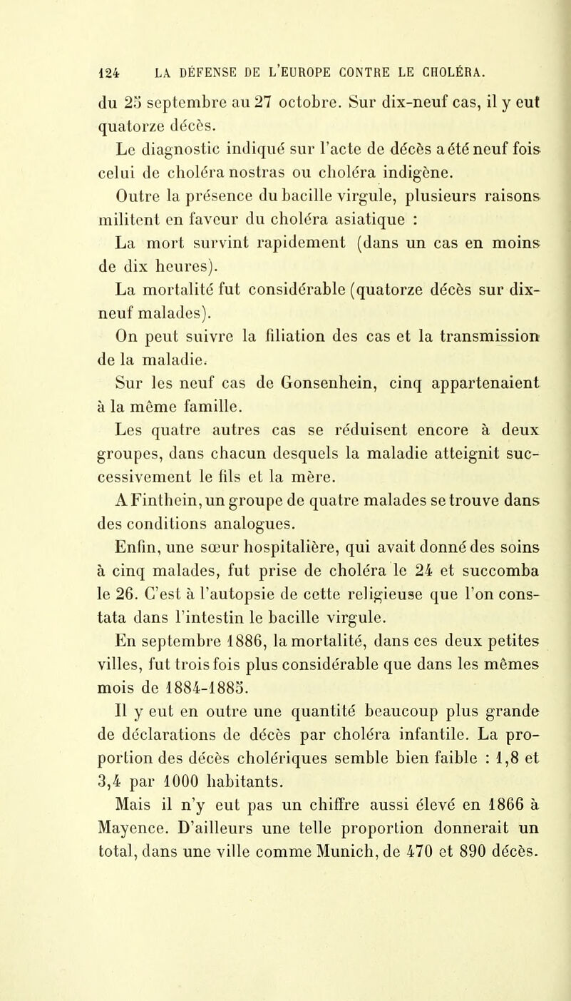 du 25 septembre au 27 octobre. Sur dix-neuf cas, il y eut quatorze décès. Le diagnostic indiqué sur l'acte de décès a été neuf fois celui de choléra nostras ou choléra indigène. Outre la présence du bacille virgule, plusieurs raisons militent en faveur du choléra asiatique : La mort survint rapidement (dans un cas en moins de dix heures). La mortalité fut considérable (quatorze décès sur dix- neuf malades). On peut suivre la filiation des cas et la transmission de la maladie. Sur les neuf cas de Gonsenhein, cinq appartenaient à la même famille. Les quatre autres cas se réduisent encore à deux groupes, dans chacun desquels la maladie atteignit suc- cessivement le fils et la mère. AFinthein,ungroupe de quatre malades se trouve dans des conditions analogues. Enfin, une sœur hospitalière, qui avait donné des soins à cinq malades, fut prise de choléra le 24 et succomba le 26. C'est à l'autopsie de cette religieuse que l'on cons- tata dans l'intestin le bacille virgule. En septembre 1886, la mortalité, dans ces deux petites villes, fut trois fois plus considérable que dans les mêmes mois de 1884-1885. Il y eut en outre une quantité beaucoup plus grande de déclarations de décès par choléra infantile. La pro- portion des décès cholériques semble bien faible : 1,8 et 3,4 par 1000 habitants. Mais il n'y eut pas un chiffre aussi élevé en 1866 à Mayence. D'ailleurs une telle proportion donnerait un total, dans une ville comme Munich, de 470 et 890 décès.