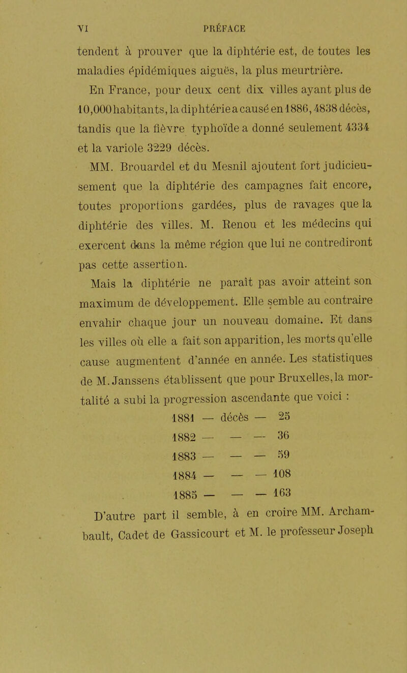 tendent à prouver que la diphtérie est, de toutes les maladies (^pidémiques aiguës, la plus meurtrière. En France, pour deux cent dix villes ayant plus de 10,000habitants, la diphtérie a causé en 1886,4838 décès, tandis que la fièvre typhoïde a donné seulement 4334 et la variole 3229 décès. MM. Brouardel et du Mesnil ajoutent fort judicieu- sement que la diphtérie des campagnes fait encore, toutes proportions gardées, plus de ravages que la diphtérie des villes. M. Renou et les médecins qui exercent dans la même région que lui ne contrediront pas cette assertion. Mais la diphtérie ne paraît pas avoir atteint son maximum de développement. Elle semble au contraire envahir chaque jour un nouveau domaine. Et dans les villes où elle a fait son apparition, les morts qu'elle cause augmentent d'année en année. Les statistiques de M. Janssens étabUssent que pour Bruxelles,la mor- talité a subi la progression ascendante que voici : 1881 — décès — 25 1882 — — — 36 1883 — _ — .59 1884 — — — 108 1885 — — — 163 D'autre part il semble, à en croire MM. Archam- bault. Cadet de Gassicourt et M. le professeur Joseph