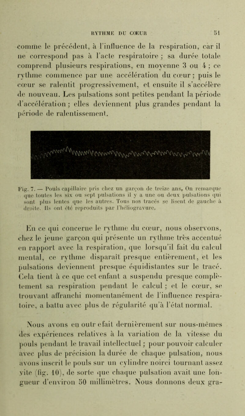 comme le précédent, à l'influence de la respiration, car il ne correspond pas à l’acte respiratoire ; sa durée totale comprend plusieurs respirations, en moyenne 3 ou 4 ; ce rythme commence par une accélération du cœur* puis le cœur se ralentit progressivement, et ensuite il s’accélère de nouveau. Les pulsations sont petites pendant la période d’accélération; elles deviennent plus grandes pendant la période de ralentissement. Fig. 7. — Pouls capillaire pris chez un garçon de treize ans. On remarque que toutes les six ou sept pulsations il y a une ou deux pulsations qui sont plus lentes que les autres. Tous nos tracés se lisent de gauche à droite. Ils ont été reproduits par l’héliogravure. En ce qui concerne le rythme du cœur, nous observons, chez le jeune garçon qui présente un rythme très accentué en rapport avec la respiration, que lorsqu’il fait du calcul mental, ce rythme disparaît presque entièrement, et les pulsations deviennent presque équidistantes sur le tracé. Cela tient à ce que cet enfant a suspendu presque complè- tement sa respiration pendant le calcul ; et le cœur, se trouvant affranchi momentanément de l’influence respira- toire, a battu avec plus de régularité qu’à l’état normal. Nous avons en outrefait dernièrement sur nous-mêmes des expériences relatives à la variation de la vitesse du pouls pendant le travail intellectuel; pour pouvoir calculer avec plus de précision la durée de chaque pulsation, nous avons inscrit le pouls sur un cylindre noirci tournant assez vite (fig. 10), de sorte que chaque pulsation avait une lon- gueur d’environ 50 millimètres. Nous donnons deux gra-