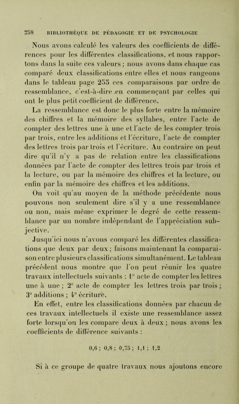 Nous avons calculé les valeurs des coefficients de diffé- rences pour les différentes classifications, et nous rappor- tons dans la suite ces valeurs; nous avons dans chaque cas comparé deux classifications entre elles et nous rangeons dans le tableau page 255 ces comparaisons par ordre de ressemblance, c’est-à-dire ..en commençant par celles qui ont le plus petit coefficient de différence, La ressemblance est donc le plus forte entre la mémoire des chiffres et la mémoire des syllabes, entre l'acte de compter des lettres une à une et l’acte de les compter trois par trois, entre les additions et l’écriture, l’acte de compter des lettres trois par trois et l’écriture. Au contraire on peut dire qu’il n’y a pas de relation entre les classifications données par l’acte de compter des lettres trois par trois et la lecture, ou par la mémoire des chiffres et la lecture, ou enfin par la mémoire des chiffres et les additions. On voit qu’au moyen de la méthode précédente nous pouvons non seulement dire s’il y a une ressemblance ou non, mais meme exprimer le degré de cette ressem- blance par un nombre indépendant de l’appréciation sub- jective. Jusqu’ici nous n’avons comparé les différentes classifica- tions que deux par deux; faisons maintenant la comparai- son entre plusieurs classifications simultanément. Le tableau précédent nous montre que l’on peut réunir les quatre travaux intellectuels suivants : 1° acte de compter les lettres une à une ; 2° acte de compter les lettres trois par trois ; 3° additions ; 4° écriture. En effet, entre les classifications données par chacun de ces travaux intellectuels il existe une ressemblance assez forte lorsqu’on les compare deux à deux ; nous avons les coefficients de différence suivants : 0,6 ; 0,8 ; 0,75 ; 1,1 ; 1,2 Si à ce groupe de quatre travaux nous ajoutons encore