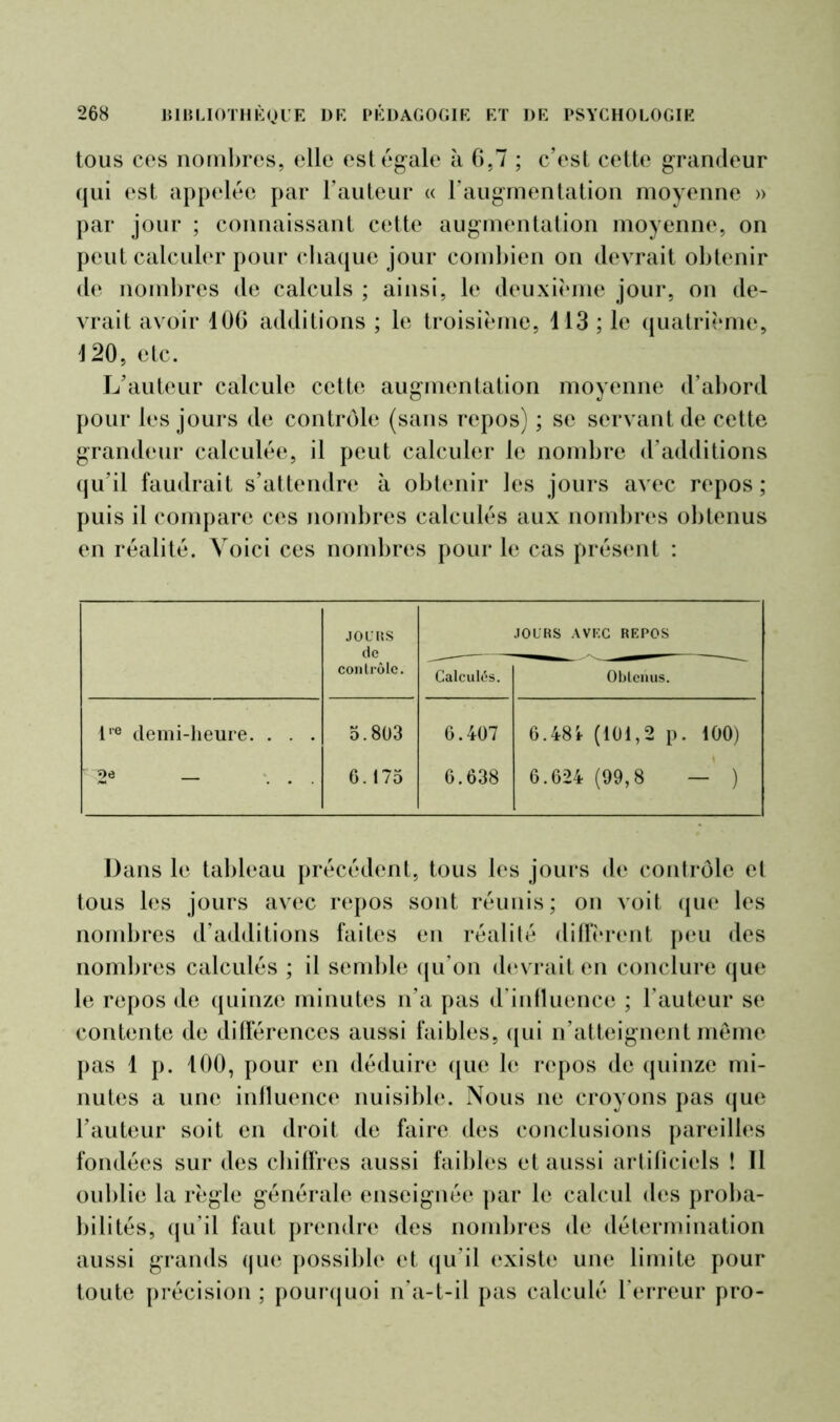 tous ces nombres, elle est égale à 6,7 ; c’est cette grandeur qui est appelée par l’auteur « l’augmentation moyenne » par jour ; connaissant cette augmentation moyenne, on peut calculer pour chaque jour combien on devrait obtenir de nombres de calculs ; ainsi, le deuxième jour, on de- vrait avoir 106 additions ; le troisième, 113 ; le quatrième, 120, etc. L’auteur calcule cette augmentation moyenne d’abord pour les jours de contrôle (sans repos) ; se servant de cette grandeur calculée, il peut calculer le nombre d’additions qu’il faudrait s’attendre à obtenir les jours avec repos; puis il compare ces nombres calculés aux nombres obtenus en réalité. Voici ces nombres pour le cas présent : JO u us JOURS AVEC REPOS de « _ contrôle. Calculés. Obtenus. lre demi-heure. . . . 5.803 6.407 6.48i- (101,2 p. 100) 2e 6.175 6.638 6.624 (99,8 — ) Dans le tableau précédent, tous les jours de contrôle et tous les jours avec repos sont réunis; on voit que les nombres d’additions faites en réalité diffèrent peu des nombres calculés ; il semble qu’on devrait en conclure que le repos de quinze minutes n’a pas d’influence ; l’auteur se contente de différences aussi faibles, qui n’atteignent même pas 1 p. 100, pour en déduire que le repos de quinze mi- nutes a une influence nuisible. Nous ne croyons pas que l’auteur soit en droit de faire des conclusions pareilles fondées sur des chiffres aussi faibles et aussi artificiels ! Il oublie la règle générale enseignée par le calcul des proba- bilités, qu’il faut prendre des nombres de détermination aussi grands que possible et qu’il existe une limite pour toute précision ; pourquoi n’a-t-il pas calculé l’erreur pro-