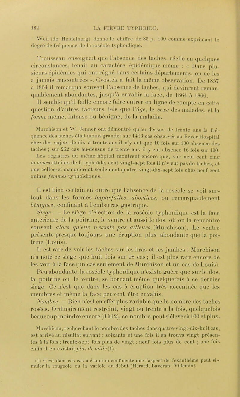 Weil (de Hcidelbcrg) donne le ehillYc de 8!> p, 100 comme exprimant le degré de fréquence de la roséole typhoïdique. Trousseau enseignail que l'absence des lâches, réelle en quelques circonstances, tenail au caractère épidémique même : « Dans plu- sieurs épidémies qui ont régné dans certains départements, on ne les a jamais rencontrées ». Cvostek ;i fait la môme observation. De 1857 à isiil il remarqua souvent l'absence de Lâches, qui devinrenl remar- quablement abondantes, jusqu'à envahir la face, de 1864 à 1866. Il semble qu'il faille encore faire entrer eu ligne décompte en celle question d'autres facteurs, tels que Vûge, le sexe des malades, et la forme même, intense ou bénigne, de la maladie. Murchison et W. Jenner ont démontré qu'au dessus de trente ans la fré- quence des taches était moins grande : sur L413 cas observés au Fever Ilospital chez des sujets de dix à trente ans il n'y cul que 10 fois sur 100 absence des taches ; sur 2b2 cas au-dessus de trente ans il y eut absence 16 fois sur 100. Les registres du même hôpital montrent encore que, sur neuf cent cinq hommes atteints de f. typhoïde, cent vingt-sept fois il n'y eut pas de taches, et que celles-ci manquèrent seulement quatre-vingt-dix-sept fois chez neuf cent quinze femmes typhoïdiques. Il esl bien certain en outre que l'absence de la roséole se voit sur- tout clans les formes imparfaites, abortives, ou remarquablement bénignes, confinant à l'embarras gastrique. Siège. — Le siège d'élection de la roséole typhoïdique esl la l'ace antérieure de la poitrine, le ventre el aussi le dos, où on la rencontre souvent alors quelle n existe pas ailleurs (Murchison). Le ventre présente presque toujours une éruption plus abondante que la poi- trine (Louis). Il est rare de voir les taches sur les bras et les jambes : Murchison n'a noté ce siège que huit fois sur 98 cas ; il est plus rare encore de les voir à la face (un cas seulement de Murchison et un cas de Louis). Peu abondante, la roséole typhoïdique n'existe guère que sur le dos. la poitrine ou le ventre, se bornant même quelquefois à ce dernier siège. Ce n'est que dans les cas à éruption très accentuée que les membres et même la face peuvent être envahis. Nombre. — Rien n'est en effet plus variable que le nombre des taches rosées. Ordinairement restreint, vingt ou trente à la fois, quelquefois beaucoup moindre encore (3 àl2), ce nombre peut s'élèvera 100 et plus. Murchison, recherchant le nombre des taches dans quatre-vingt-dix-huit cas. est arrivé au résultat suivant : soixante et une fois il en trouva vingt présen- tes à la fois ; trente-sept fois plus de vingt ; neuf fois plus de cent ; une fois enfin il en existait plus de mille (1). (l) C'esl, dans ces cas à éruption confluente que l'aspect de l'exanthème peut si- muler la rougeole ou la variole au début (Hérard, Laveran, Villemin).