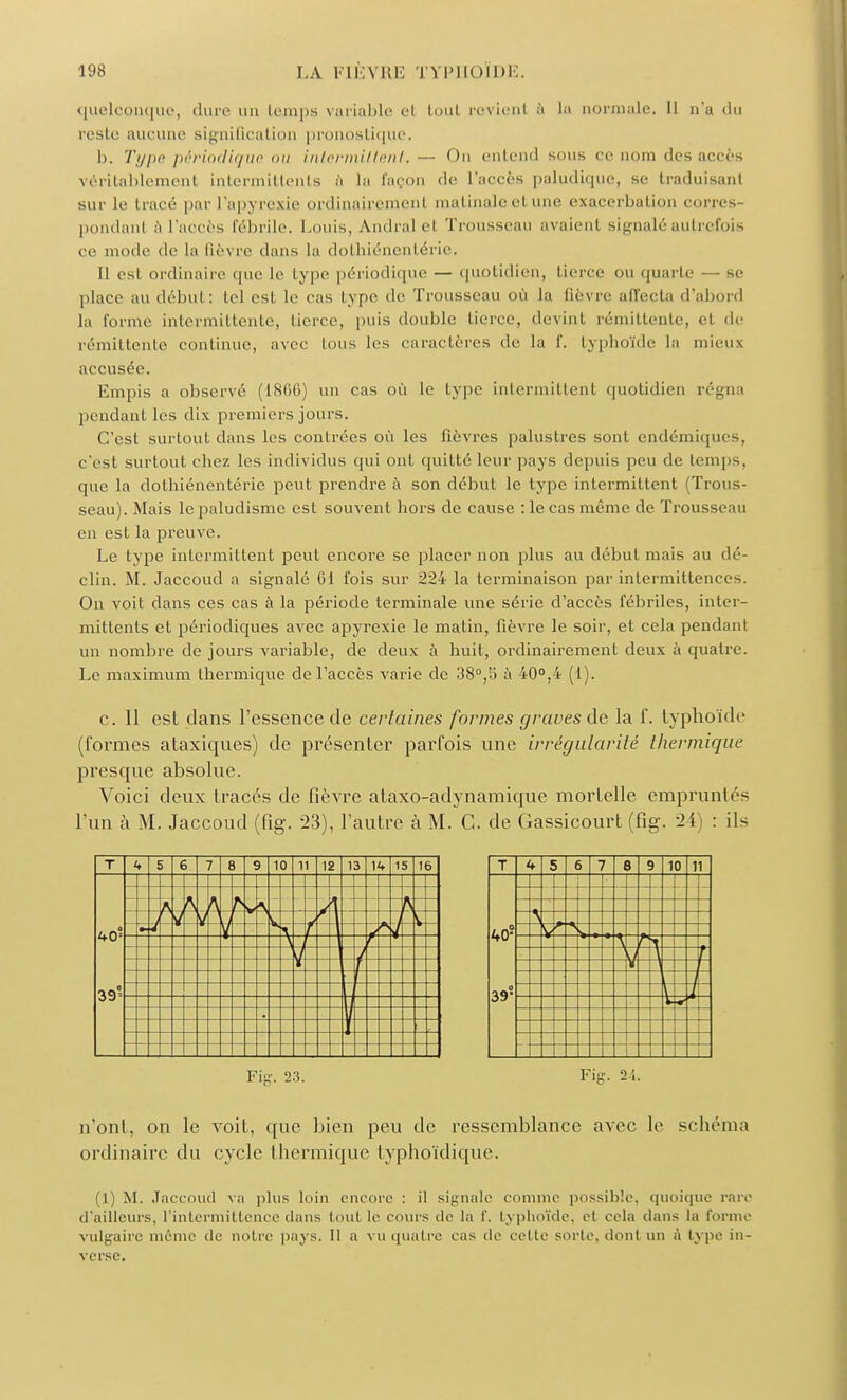 quelconque, dure un temps variable et toul revient à la normale. 11 n'a du reste aueune si^nilieation pronostique, b. Type périodique ou intermittent.—- On entend sous ce nom des accès véritablement intermittents à la façon de l'accès paludique, se traduisant sur le tracé par l'apyrexie ordinairemenl matinaleel une exacerbation corres- pondant a Tarées fébrile. Louis, Andral el Trousseau avaient signalé autrefois ce mode de la fièvre dans la dothiénentérie. 11 est ordinaire que le type périodique — quotidien, tierce ou quarte - - se place au début: tel est le cas type de Trousseau où la fièvre affecta d'abord la forme intermittente, tierce, puis double tierce, devint rémittente, et de rémittente continue, avec ions les caractères de la f. typhoïde la mieux accusée. Empis a observé (1866) un cas où le type intermittent quotidien régna pendant les dix premiers jours. C'est surtout dans les contrées où les fièvres palustres sont endémiques, c'est surtout chez les individus qui ont quitté leur pays depuis peu de temps, que la dothiénentérie peut prendre à son début le type intermittent (Trous- seau). Mais le paludisme est souvent hors de cause : le cas même de Trousseau en est la preuve. Le type intermittent peut encore se placer non plus au début mais au dé- clin. M. Jaccoud a signalé Gl fois sur 224 la terminaison par intermittence-.. On voit dans ces cas à la période terminale une série d'accès fébriles, inter- mittents et périodiques avec apyrexie le matin, fièvre le soir, et cela pendant un nombre de jours variable, de deux à huit, ordinairemenl deux à quatre. Le maximum thermique de l'accès varie de 38°,5 à 40°,4 (1). c. Il est dans l'essence de certaines formes graves de la f. typhoïde (formes ataxiques) de présenter parfois une irrégularité thermique presque absolue. Voici deux tracés de fièvre ataxo-adynamique mortelle empruntes l'un à M. Jaccoud (fig. 23), l'autre à M. C. de Gassicourt (fig. 24) : ils T 4 5 6 7 8 9 10 11 0 39- -« V J —h- Fi- 23. Fk n'ont, on le voit, que bien peu de ressemblance avec le schéma ordinaire du cycle thermique typhoïdique. (1) M. Jaccoud va plus loin encore : il signale comme possible, quoique rare (Tailleurs, l'intermittence dans toul le cours de la f. typhoïde, el cela dans la l'orme vulgaire même de notre pays. Il a vu quatre cas de cette sorte, dont un à type in- verse,