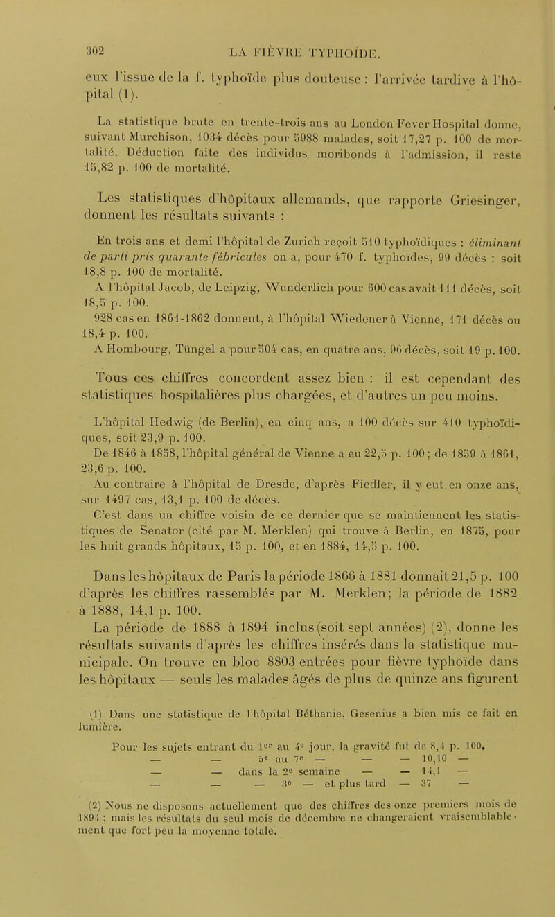 eux l'issu.-de la f. typhoïde plus douteuse : l'arrivée tardive à l'hô- pital (l). La statistique brute en trente-trois ans au London Fever Hospital donne, suivant Murchison, 1034 décès pour 5988 malades, soit 17,27 p. 100 de mor- talité. Déduction faile des individus moribonds à l'admission, il reste 15,82 p. 100 de mortalité. Les statistiques d'hôpitaux allemands, que rapporte Griesinger, donnent les résultats suivants : En trois ans et demi l'hôpital de Zurich reçoit 510 typhoïdiejucs : éliminant de parti pris quarante fébricules on a, pour 470 f. typhoïdes, 99 décès : soit 18,8 p. 100 de mortalité. A rhôpitalJacob, de Leipzig, Wunderlich pour 600 cas avait 111 décès, soil 18.5 p. 100. 028 cas en 1861-1862 donnent, à l'hôpital Wiedener à Vienne, 171 décès ou 18,4 p. 100. A Hombourg, Tùngel a pour 504 cas, en quatre ans, 96 décès, soit 19 p. 100. Tous ces chiffres concordent assez bien : il est cependant des statistiques hospitalières plus chargées, et d'autres un peu moins. L'hôpital Hedwig (de Berlin), en cinq ans, a 100 décès sur 410 lyphoïdi- ques, soil 23,9 p. 100. De 1846 à 1838, l'hôpital général de Vienne a eu 22,5 p. 100; de 1839 à 1861, 23.6 p. 100. Au contraire à l'hôpital de Dresde, d'après Ficdler, il y eut en onze ans, sur 1497 cas, 13,1 p. 100 de décès. C'est dans un chiffre voisin de ce dernier que se maintiennent les statis- tiques de Senator (cité par M. Merklen) qui trouve à Berlin, en 1875, poul- ies huit grands hôpitaux, 15 p. 100, et en 1884, 14,5 p. 100. Dans les hôpitaux de Paris la période 1868 à 1881 donnait 21,5 p. 100 d'après les chiffres rassemblés par M. Merklen; la période de 1882 à 1888, 14,1 p. 100. La période de 1888 à 1894 inclus (soit sept années) (2), donne les résullals suivants d'après les chiffres insérés dans la statistique mu- nicipale. On trouve en bloc 8803 entrées pour fièvre typhoïde dans les hôpitaux — seuls les malades âgés de plus de quinze ans figurent (1) Dans une statistique de l'hôpital Béthanie, Gcsenius a bien mis ce fait en lumière. Pour les sujets entrant du 1er au 1e jour, la gravité fut de 8,1 p. 100. _ _ 5e au 7 — — — 10,10 — — — dans la 2e semaine — — 11,1 — — _ _ 30 _ et plus lard — 37 — (2) Nous ne disposons actuellement que des chiffres des onze premiers mois de 1894 ; mais les résullals du seul mois de décembre ne changeraient vraisemblable- ment cpie fort peu la moyenne totale.