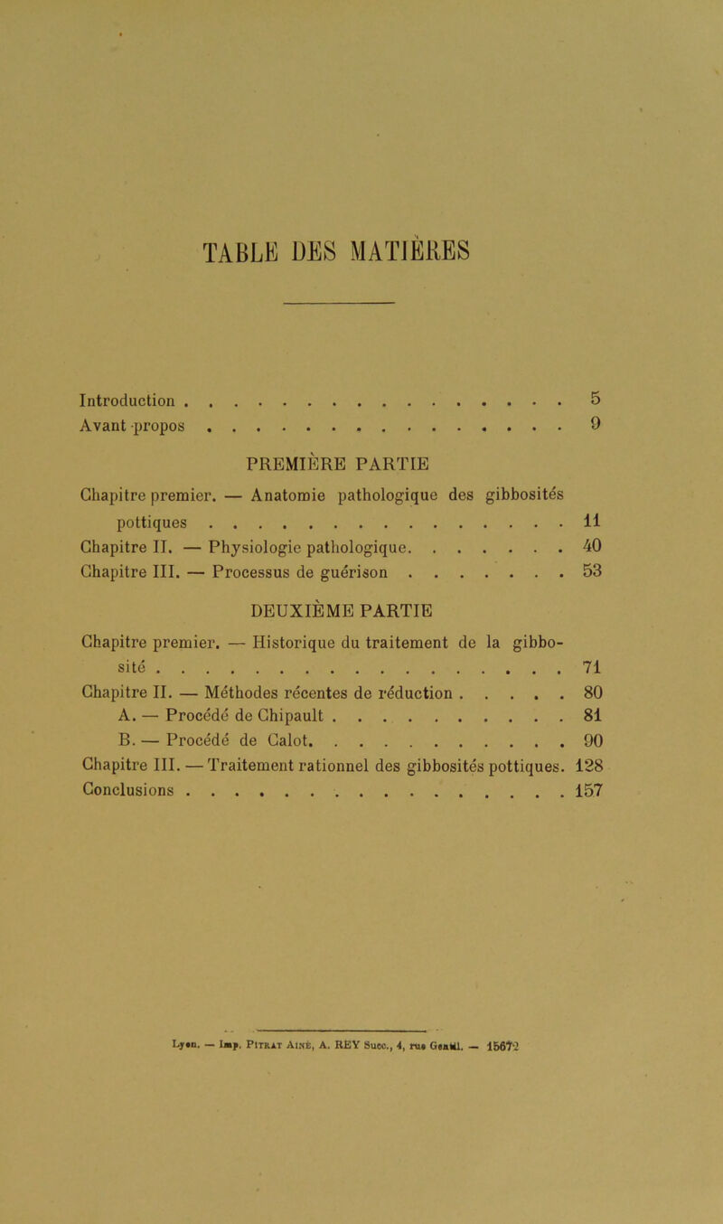 TABLE UES MATIÈRES Introduction 5 Avant propos 9 PREMIÈRE PARTIE Chapitre premier. — Anatomie pathologique des gibbosités pottiques 11 Chapitre II. — Physiologie pathologique 40 Chapitre III. — Processus de guérison 53 DEUXIÈME PARTIE Chapitre premier. — Historique du traitement de la gibbo- sité 71 Chapitre II. — Méthodes récentes de réduction 80 A. — Procédé de Chipault 81 B. — Procédé de Calot 90 Chapitre III. —Traitement rationnel des gibbosités pottiques. 128 Conclusions 157 Lyon. — Imy. Pîtrat Aîné, A. REY Suec., 4, rut Gtattl. — 1567 ’