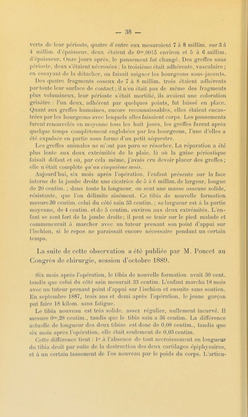 verts do leur périoste, quatre d'entre eux mesuraient 7 à 8 millim. sur 3 à 4 niillini. d'épaisseur, deux étaient de 0',0015 environ et 5 <à 6 millim. d'épaisseur. Onze jours après, le pansement fut changé. Des g-relTes sans périoste, deux s'étaient nécrosées ; la troisième était adhérente, vasculaire ; eu essayant de la détaclu'r, on faisait saigner les bourgeons sous-jacents. Des cpiah'c fragments osseux de 7 à 8 millim. trois étaient adhérents par toute leur surface de contact ; il n'en était pas de môme des fragments plus volumineux, leur périoste s'était mortifié, ils avaient une coloration grisâtre : l'un deux, adhérent par quehjues points, fut laissé en place. Quant aux grelTes humaines, encore reconnaissables, elles étaient encas- trées par les bourgeons avec lesquels elles faisaient corps. Les pansements furent renouvelés en moyenne tous les huit jours, les greffes furent après quelque tem})s complètement englobées par les boiu-geoius, l'une d'elles a été expulsée en partie sous forme d'un petit séquestre. Les grelTes animales ne m'ont pas paru se résorber. La réparation a été plus lente aux deux extrémités de la plaie, là où la gaine périostique faisait défaut et où, par cela môme, j'avais cru devoir placer des greffes; elle n'était complète qu au cinquième mois. Aujourd'hui, six mois après l'opération, l'enfant présente sur la face interne de la jambe droite une cicatrice de o à G millim.de largeur, longue de 20 centim. ; dans toute la longueur, on sent une masse osseuse solide, résistante, que l'on délimite aisément. Ce tibia de nouvelle formation mesure30 centim. celui du côté sain 33 centim. ; sa largueur est à la partie moyenne, de 4 centim. et do 5 centim, environ aux deux extrémités. L'en- fant se sent fort de la jambe droite; il peut se tenir sur le pied malade et commencerait à marcher avec un tuteur prenant son point d'appui sur l'ischion, si le repos ne paraissait encore nécessaire pendant un certain temps. La suite de cette observation a été publiée par M. Poucet au Congrès de chirurgie, session d'octobre 1889. Six mois après l'opération, le tibia de nouvelle forniation avait 30 cent, tandis ([ue celui du côté sain mesurait 33 centim. L'enfant marcha 18 mois avec un tuteur prenant point d'appui sur l'ischion et ensuite sans soutien. En septembre 1887, trois ans et demi après l'opération, le jeune garçon put faire 18 kilom. sans fatigue. Le tibia nouveau est très solide, assez régulier, nullement incurvé. Il mesure 0',28 centim., tandis que le tibia sain a 36 centim. La dilTérence actuelle de longueur des deux tibias est donc de 0,08 centim., tandis que six mois après l'opération, elle était seulement de 0,03 centim. Cette diderence tient : 1 à l'absence do tout accroissement en longueur du tibia droit par suite de la destruction des deux cartilages épiphysaires, et à un certain tassement de l'os nouveau par le poids du corps. L'articu-