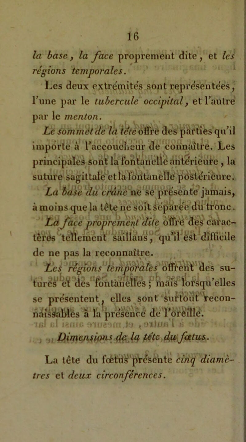 la base, la face proprement dite, et les régions temporales. Les deux extrémités sont repre'sentc'es, l’une par le tubercule occipital, et l’autre i par le menton. Le sommet de la léteo^re des parties qu’il i importe à l’accouclicur de connaître. Les j principales sont la fontanelle ante'rieure , la i| suture sagittale etla fontanelle poslt^rièure. La base du crâne ne se présente jamais, à moins que la tête ne soit Séparée du tronc. La face proprement dite offre des carac- tères tellement saillans, qu’il est diflicile | de ne pas la reconnaître. L.es régions temporales offtènt des su- turés éf des fontanelles j mais lorsqu’elles se présentent J elles sont suHont Vecon- nâîs^alilés à la presenre de l’oré'îlic. DinicAsims de la té te dafxtus. La tête du foétilÿ présente cinq diamè- tres et deux circonférences.