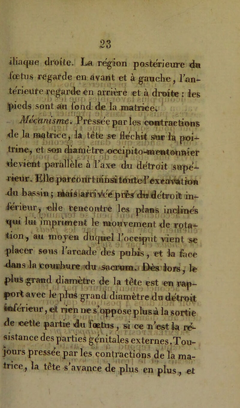 iliaque droite. La reg'ion postCTieure fœtus regarde en avant et à gauche, lan- te'rieufe regarde en arcmre et à droite : Jes pieds sont an fond de la .naatrice; Mécamsmt . Pressée par les comtractions ■de la matrice , la tête se fléchit siur la poi- trine, et son diamètre occipito-mentonnier devient parallèle à Taxe cb détroit sape- 4-ieur. Elle j>arconrtmnsitdute'r©x«m)iatto« du bassin; àaisiarri-vfcVprèïdirdetroilt in- lèrieur^ -elle rencontre les plans incliTnes 'qui lui impriment le mouvement de rota- tion, au moyen duquel Kocciput vient se placer sons larcade des pubis, et k face dans.la tonobure tdu saciMï«i.^< Dès Jore, Je plus grand diamètre de la tète est en rap- port avec le plus grand diamètre dn détroit Wïféricur, et rien ne s’oppose plusà la sortie de cette partie du fœtus, si ce n’est k re^ sistance des parties génitales externes,Tou- jours pressée par les çontractions de la ma- trice, la tète s’avance de plus en plus, et