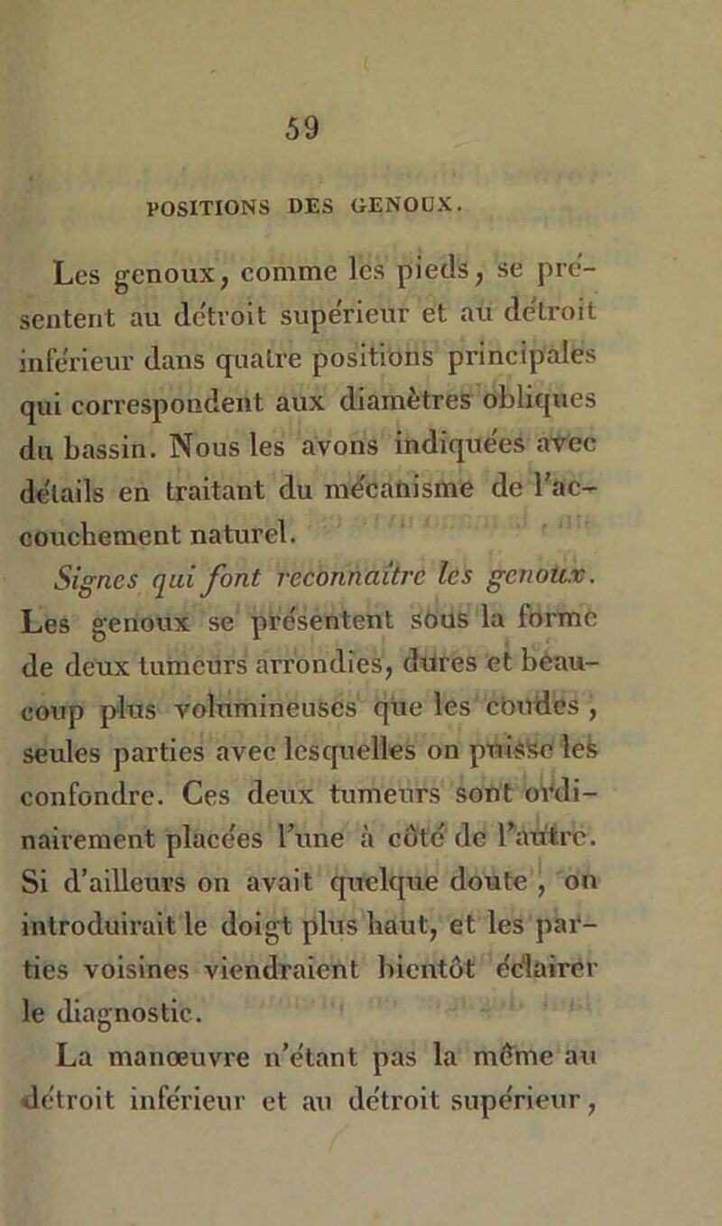 VOSITIONS DES ÜENODX. Les genoux, comme les pieds, se pré- sentent au détroit supérieur et au détroit inferieur dans quatre positions principales qui correspondent aux diamètres obliques du bassin. Nous les avons indique'es avec details en traitant du mdcaùisme de l’ac- couchement naturel. Signes qui font reconnaître les genoux. Les genoux se présentent sôus la forme de deux tumeurs arrondies, dût es et beau- coup plus volumineuses que les ebudes , seules parties avec lesquelles on puisse leà confondre. Ces deux tumeurs sont ordi- nairement placées l’une à côté de ratjftrc. Si d’ailleurs on avait quelque doute'| on introduirait le doigt plus haut, et les par- ties voisines viendraient bientôt éciairer le diagnostic. La manœuvre n’étant pas la même au détroit inférieur et au détroit supérietir,