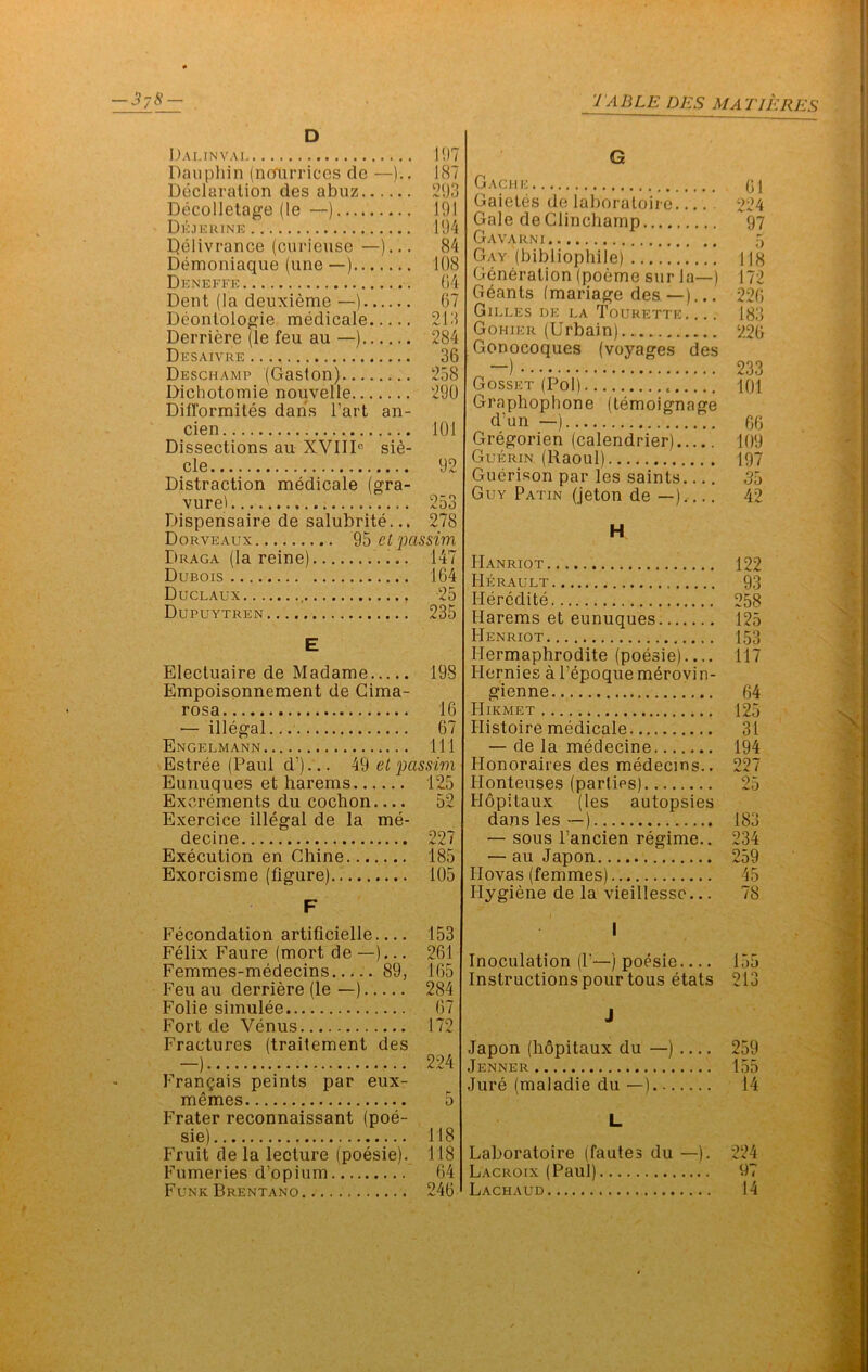 D Dai.inval 1!)7 Daupliin (ncfurrices de —)., 187 Declaration des abiiz 21)3 Decolletage (le —) 191 Dkjkuine 194 Ilelivrance (ciirieuse —)... 84 Demoniaque (une —) 108 Deneffe 04 Dent (la deuxieme —) 67 Deontologie medicale 213 Derriere (le feu au —) 284 Desaivhe 36 Deschamp (Gaston) 258 Dichotomie nouvelle 290 Dilformites dan’s Tart an- cien 101 Dissections au XVIID sie- cle 92 Distraction medicale (gra- vure) 253 Dispensaire de salubrite... 278 Dorveaux 95 et passim Draga (la reine) i.. 147 Dubois 164 Duclaux 25 Dupuytren 235 E Electuaire de Madame 198 Empoisonnement de Gima- rosa 10 — illegal 67 Engelmann Ill Estree (Paul d’). .. 49 et passim Eunuques et harems 125 Excrements du cochon 52 Exercice illegal de la me- decine 227 Execution en Chine 185 Exorcisme (figure) 105 F Fecondation artificielle— 153 Felix Faure (mort de—)... 261 Femmes-medecins 89, 165 Feu au derriere (le —) 284 Folie simulee 67 Fort de Venus 172 Fractures (traitement des —) 224 Frangais peints par eux- m^mes 5 Frater reconnaissant (poe- sie) 118 Fruit de la lecture (poesie). 118 Fumeries d’opium 64 FunkBrentano 246 G Gachk Gaietes de laboraloire Gale deClinchamp Gavarni Gay (bibliophile) Generation (poeme sur la—) Geants (mariage des—)... Gilles be la Tourette. ... Gohier (Urbain) Gonocoques (voyages des Gosskt (Pol) Graphophone (temoignage d’un —) Gregorien (calendrier) Guerin (Raoul) Guerison par les saints Guy Patin (jeton de —) H Hanriot Herault lleredite Harems et eunuques Henriot Hermaphrodite (poesie) Hernies a i’epoque m^rovin- gienne Hikmet tlistoire medicale — de la medecine Honoraires des medecms.. Honteuses (parties) Hopitaux (les autopsies dans les —) — sous Pancien regime.. — au Japon Hovas (femmes) Hygiene de la vieillessc... I Inoculation (P-) poesie Instructions pour tous etats J Japon (hdpitaux du —) Jenner Jure (maladie du —) L Laboratoire (fautes du —). Lacroix (Paul) Lachaud 61 224 97 118 172 226 183 226 233 101 66 109 197 35 42 122 93 258 125 153 117 64 125 31 194 227 25 183 234 259 45 78 259 155 14 224 97 14