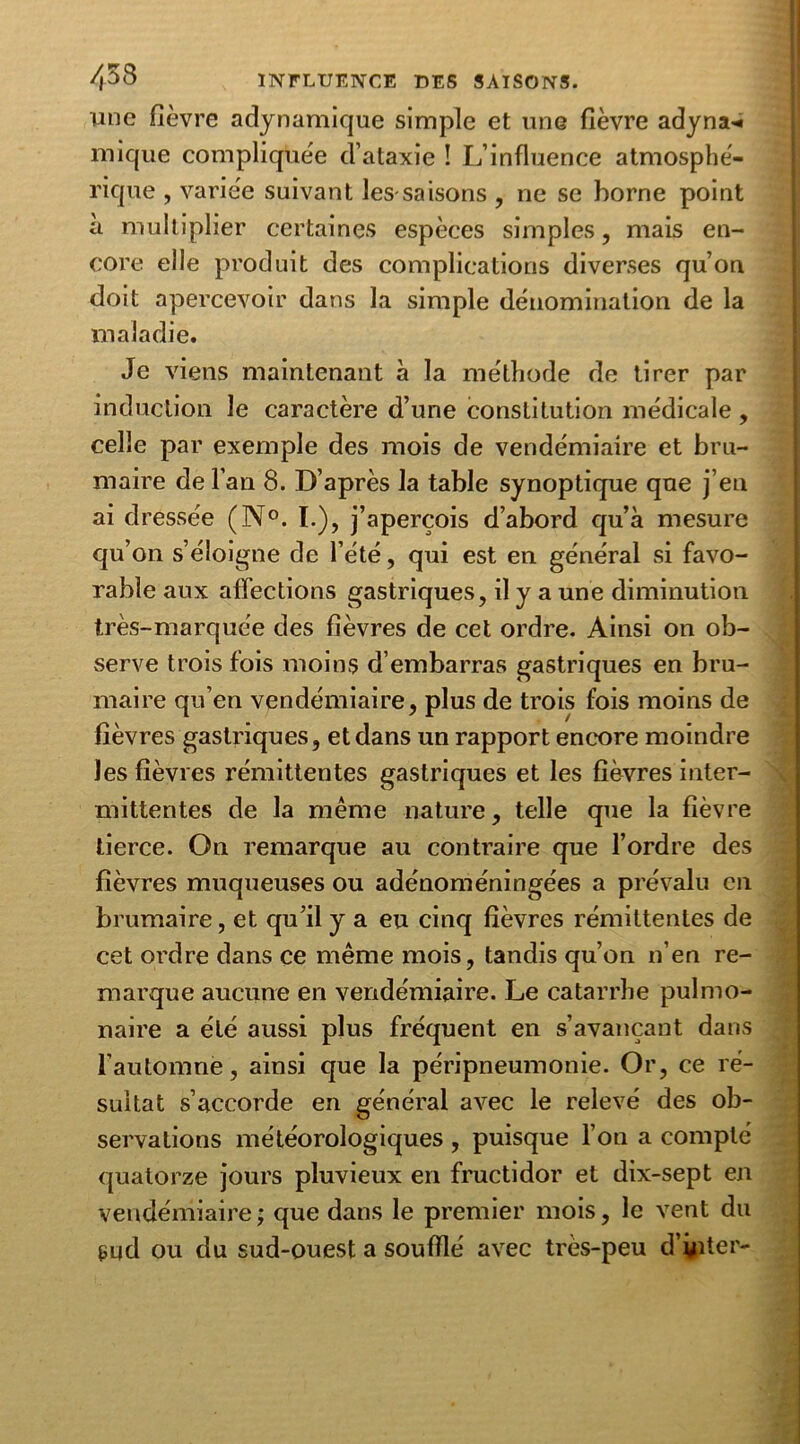 une fièvre adynamique simple et une fièvre adyna* inique compliquée d’ataxie ! L’influence atmosphé- rique , variée suivant les-saisons , ne se borne point à multiplier certaines espèces simples, mais en- core elle produit des complications diverses qu’on doit apercevoir dans la simple dénomination de la maladie. Je viens maintenant à la méthode de tirer par induction le caractère d’une constitution médicale , celle par exemple des mois de vendémiaire et bru- maire de l’an 8. D’après la table synoptique que j’en ai dressée (N°. I.), j’aperçois d’abord qu’à mesure qu’on s’éloigne de l’été, qui est en général si favo- rable aux affections gastriques, il y a une diminution très-marquée des fièvres de cet ordre. Ainsi on ob- serve trois fois moins d’embarras gastriques en bru- maire qu’en vendémiaire, plus de trois fois moins de fièvres gastriques, et dans un rapport encore moindre les fièvres rémittentes gastriques et les fièvres inter- mittentes de la même nature, telle que la fièvre tierce. On remarque au contraire que l’ordre des fièvres muqueuses ou adénoméningées a prévalu en brumaire, et qu’il y a eu cinq fièvres rémittentes de cet ordre dans ce même mois, tandis qu’on n’en re- marque aucune en vendémiaire. Le catarrhe pulmo- naire a été aussi plus fréquent en s’avançant dans l’automne, ainsi que la péripneumonie. Or, ce ré- sultat s’accorde en général avec le relevé des ob- servations météorologiques , puisque l’on a compté quatorze jours pluvieux en fructidor et dix-sept en vendémiaire; que dans le premier mois, le vent du gud ou du sud-ouest a soufflé avec très-peu d’inter-