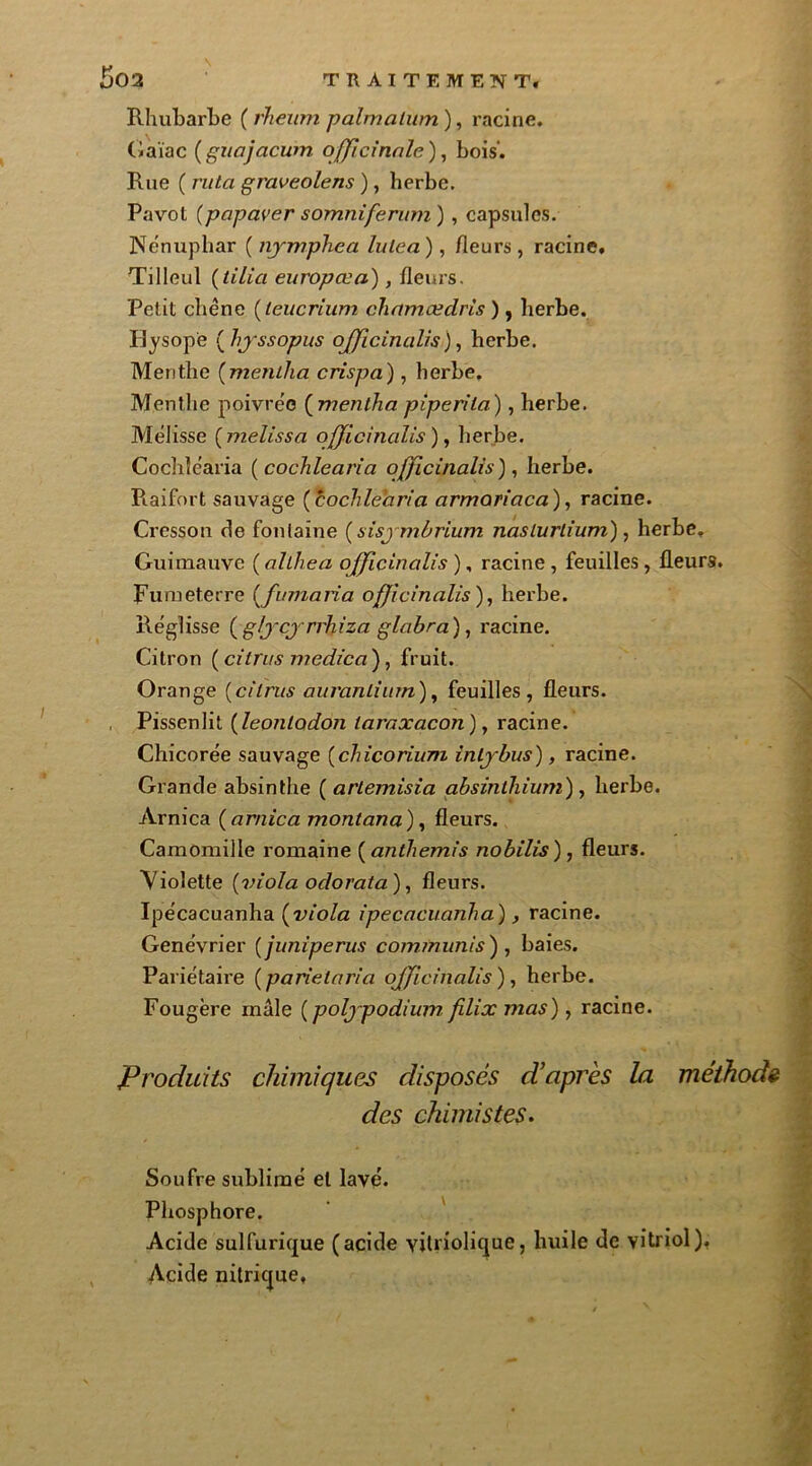 Rhubarbe ( rheum palmalüm), racine. Gaïac (guajacum officinale), bois'. Rue ( rula graveolens ), herbe. Pavol (papaver somnijenmi) , capsules. Nénuphar ( nymphéa lulea ), fleurs , racine. Tilleul (tilia europœa), fleurs. Petit chêne (teucrium ch dm ce cl ris ), herbe. Hysope ( hyssopus ojjicinalis), herbe. Menthe (mentha crispa), herbe. Menthe poivrée ( mentha piperila), herbe. Mélisse ( melissa officinalis ), herbe. Cochïéaria ( co chie aria officinalis), herbe. Raifort sauvage (cochlearia armoriaca), racine. Cresson de fontaine (sisymbrium naslurlium), herbe. Guimauve ( allliea ojjicinalis ), racine, feuilles, fleurs. Fumeterre (fuma ri a officinalis), herbe. Réglisse (g/ycyrrhiza glabra), racine. Citron (diras medica) , fruit. Orange (diras auranlium), feuilles, fleurs. Pissenlit (leonlodon laraxacon), racine. Chicorée sauvage (chicorium inlybus), racine. Grande absinthe (artemisia absinthium), herbe. Arnica (arnica mont an a), fleurs. Camomille romaine (anthémis nobilis), fleurs. Violette (7>iola oclorata), fleurs. Ipécacuanha (viola ipecacuanha), racine. Genévrier (juniperus commuais) , baies. Pariétaire ( parietaria ojjicinalis ), herbe. Fougère mâle (polypodium Jilix mas), racine. Produits chimiques disposés d’après la méthode des chimistes. • , > • Soufre sublimé et lavé. Phosphore. Acide sulfurique (acide vitriolique, huile de vitriol), Acide nitrique, / * . . ■ * ÆH t • ' ! V