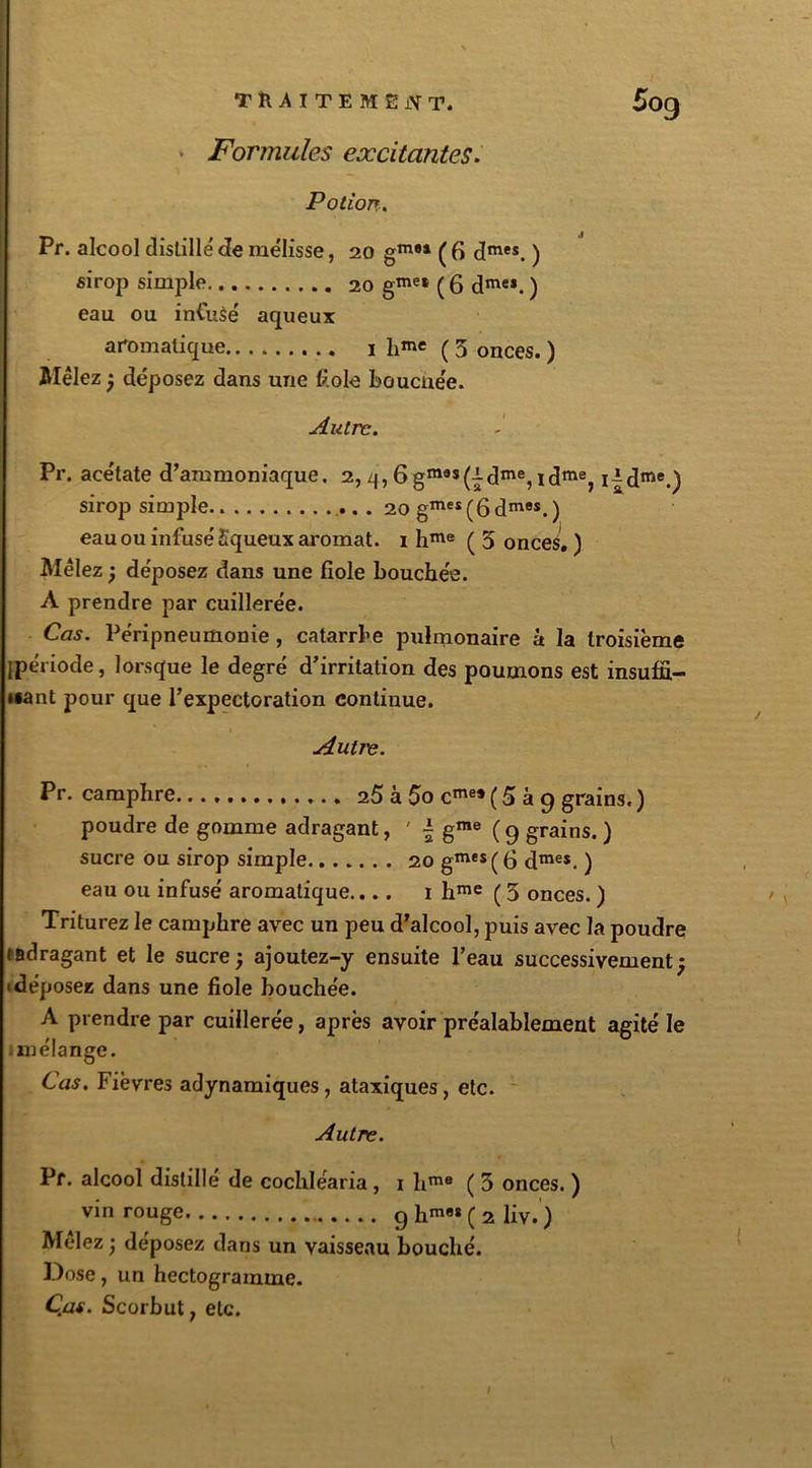 Formules excitantes. Potion. Pr. alcool distillé de mélisse, 20 gm#* ( 6 dmes. ) sirop simple 20 gme* ( g dme*. ) eau ou infusé aqueux aromatique 1 hme ( 5 onces. ) Mêlez ; déposez dans une fiole boucnée. Autre. Pr. acétate d’ammoniaque. 2, 6gm8S(|dme, idme, i|dme.) sirop simple 20 gmes (6 dmes. ) eau ou infusé Squeux aromat. 1 h™5 ( 5 onces. ) Mêlez ; déposez dans une fiole bouchée. A prendre par cuillerée. Cas. Péripneumonie , catarrhe pulmonaire à la troisième jpériode, lorsque le degré d’irritation des poumons est insuffi- sant pour que l’expectoration continue. Autre. Pr. camphre a5 à 5o ce* ( 5 à 9 grains. ) poudre de gomme adragant, ' | gme ( g grains. ) sucre ou sirop simple 20 gmes ( 6 dmes. ) eau ou infusé aromatique.... 1 hme ( 5 onces. ) Triturez le camphre avec un peu d’alcool, puis avec la poudre radragant et le sucre; ajoutez-y ensuite l’eau successivement (déposez dans une fiole bouchée. A prendre par cuillerée, après avoir préalablement agité le -mélange. Cas. Fièvres adynamiques, ataxiques, etc. Autre. Pr. alcool distillé de cochléaria , 1 hme ( 3 onces. ) vin rouge 9hm«(2liv. ) Mêlez ; déposez dans un vaisseau bouché. Dose, un hectogramme. Cas. Scorbut, etc.