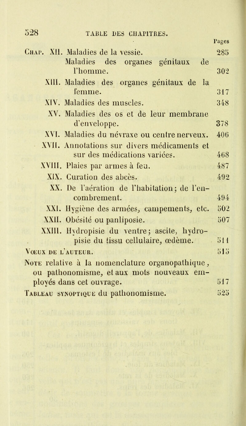 Pages Ghap. Xll. Maladies de la vessie. 285 Maladies des organes génitaux de l'homme. 302 XIII. Maladies des organes génitaux de la femme. 317 XIV. Maladies des muscles. 348 XV. Maladies des os et de leur membrane d'enveloppe. 378 XVI. Maladies du névraxe ou centre nerveux. 400 XYIÏ. Annotations sur divers médicaments et sur des médications variées. 468 XVIII. Plaies par armes à feu. 487 XIX. Guration des abcès. 492 XX. De l'aération de l'habitation; de l'en- combrement. 494 XXI. Hygiène des armées, campements, etc. 502 XXII. Obésité ou panliposie. 507 XXIII. Hydropisie du ventre; ascile, hydro- pisie du tissu cellulaire, œdème. 511 Voeux de l'auteur. 515 Note relative à la nomenclature organopathique, ou pathonomisme, et aux mots nouveaux em- ployés dans cet ouvrage. 517 Tableau synoptique du pathonomisme. 525