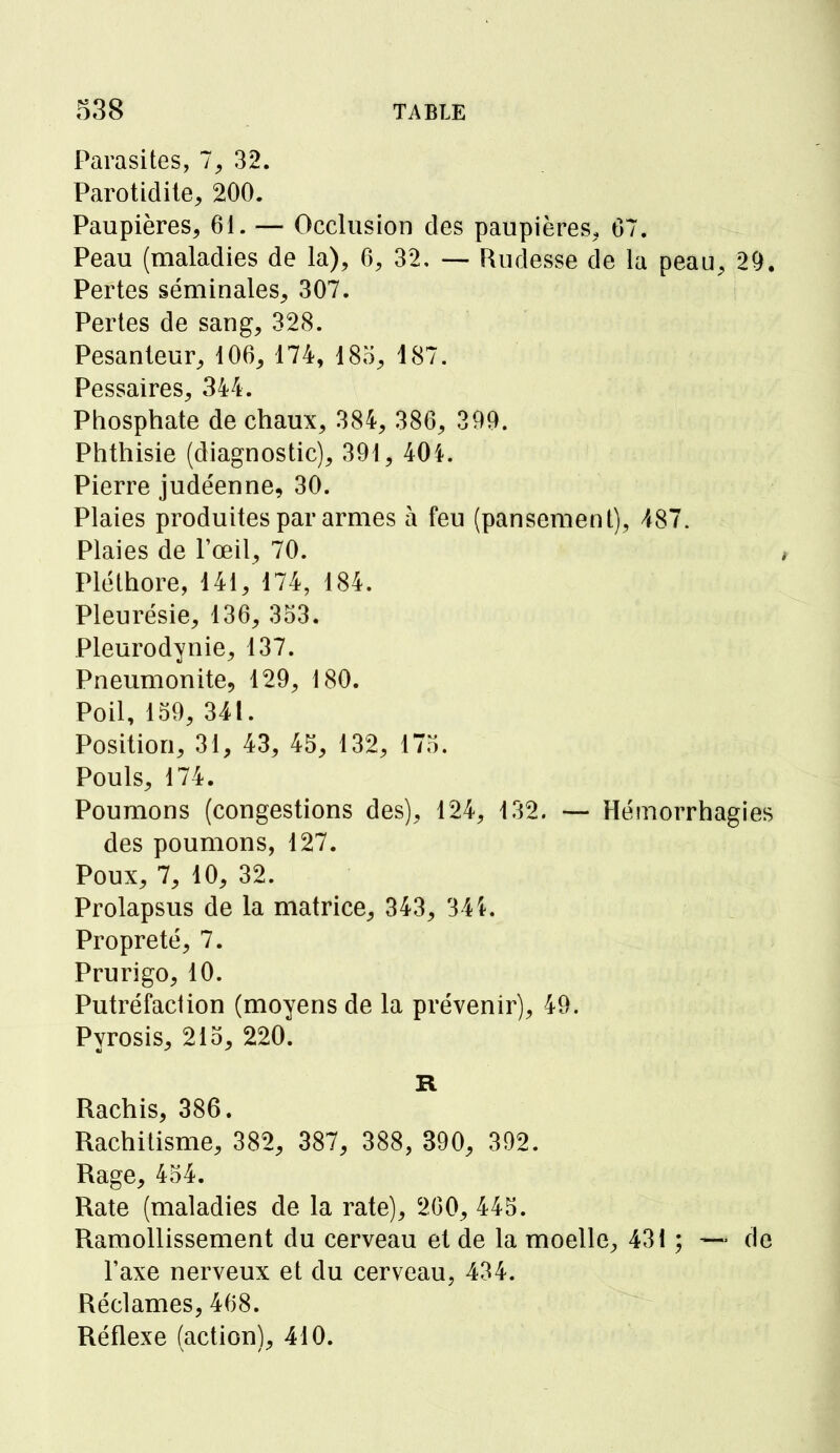 Parasites, 7, 32. Parotidite, 200. Paupières, 61. — Occlusion des paupières, 67. Peau (maladies de la), 6, 32. — Rudesse de la peau, 29, Pertes séminales, 307. Pertes de sang, 328. Pesanteur, 106, 174, 185, 187. Pessaires, 344. Phosphate de chaux, 384, 386, 399. Phthisie (diagnostic), 391, 404. Pierre judéenne, 30. Plaies produites par armes à feu (pansement), 487. Plaies de l'œil, 70. , Pléthore, 141, 174, 184. Pleurésie, 136, 353. Pleurodynie, 137. Pneumonite, 129, 180. Poil, 159, 341. Position, 31, 43, 45, 132, 175. Pouls, 174. Poumons (congestions des), 124, 132. — Hémorrhagies des poumons, 127. Poux, 7, 10, 32. Prolapsus de la matrice, 343, 344. Propreté, 7. Prurigo, 10. Putréfaction (moyens de la prévenir), 49. Pyrosis, 215, 220. R Rachis, 386. Rachitisme, 382, 387, 388, 390, 392. Rage, 454. Rate (maladies de la rate), 260, 445. Ramollissement du cerveau et de la moelle, 431 ; ~ de l'axe nerveux et du cerveau, 434. Réclames, 468. Réflexe (action), 410.