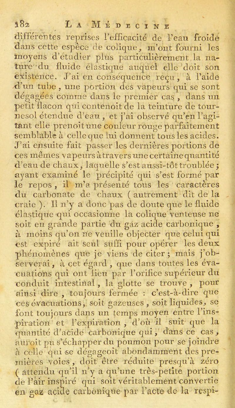 îB2 La Médecine différentes reprises reificacité de l’eau froide dans cette espèce de colique, m’ont fourni les moyens d’étadier plus particulièrement la na- ture'‘du fluide élastique auquel elle doit son existence. J’ai en conséquence reçu , à l’aide d’un tube , une portion des vapeurs qui se sont dégagées comme dans le premier cas , dans un petit flacon qui ccntenoit de la teinture de tour- nesol étendue d’eau , et j’ai observé qu’en l’agi- tant elle prenoitune couleur rouge parfaitement semblable à celle que lui donnent tous les acides. J’ai ensuite fait passer les dernières portions de ces mêmes vapeursàtravers une certaine quantité d’eau de chaux, laquelle s’est aussi-tôt troublée ^ ayant examiné le précipité qui s’est formé par le repos , il m’a présenté tous les caractères du carbonate de chaux ( autrement dit de la craie ). Il n’y a donc pas de doute que le fluide élastique qui occasionne la colique venteuse ne soit en grande partie du gaz acide carbonique , tL moins qu’on ne veuille objecter que celui qui est expiré ait seul suffi pour opérer les deux phénomènes que je viens de citer j mais j’ob- serverai, à cet égard , que dans toutes les éva- cuations qui ont lieu par l’orifice supérieur du conduit intestinal, la glotte se trouve , pour ainsi dire , toujours fermée : c’est-à-dire que ces évacuations, soit gazeuses , soit liquides, se font toujours dans un temps moyen entre l’ins- piration et l’expiration , d’où il suit que la quantité d’acidë carbonique qui,' dans ce cas^ auroit pu s’échapper du poumon pour se joindre à celle qui se dégageoît abondamment des pre- mières voies , doit être réduite presqu’à zéro ( attendu qu’il n’y a qu’une très-petite portion de ràir inspiré qui soit véritablement convertie en gaz acide carbonique par l’acte de la respi-