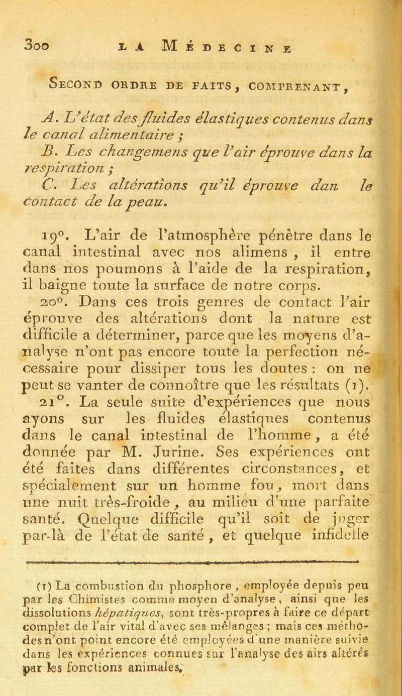 Second ordre de faits, comprenant, A. LAtat desJluides élastiques contenus dans le carial alimentaire ,* B. Les changemens que Pair éprouve dans la respiration ; C. Les altérations qidil éprouve dan le contact de la peau, 19*^. L’air de l’atmosplière pénètre dans le canal intestinal avec nos alimens , il entre dans nos poumons à l’aide de la respiration, il baigne toute la surface de notre corps. 2.00. Dans ces trois genres de contact l’air éprouve des altérations dont la nature est difficile a déterminer, parce que les moyens d’a- nalyse n’ont pas encore toute la perfection né- cessaire pour dissiper tous les doutes ; On ne ^ peut se vanter de connoître que les résultats (1). 21^. La seule suite d’expériences que nous ayons sur les fluides élastiques contenus dans le canal intestinal de l’iiomme, a été donnée par M. Jurine. Ses expériences ont été faites dans différentes circonstances, et spécialement sur un homme fou, mort dans une nuit très-froide, au milieu d’une parfaite santé. Quelque difficile qu’il soit de joger par-là de l’état de santé , et quelque infideiie (r) La combustion du phosphore , employée depuis peu parles Chimistes comme moyen d’analyse, ainsi que les dissolutions hépatiques^ sont très-propres à faire ce départ complet de l’air vital d’avec ses mélanges ; mais ces métho- des n’ont point encore été employées d'une manière suivie dans les expériences connues sar fRiialyse des airs altérés par îes fonctions animales.