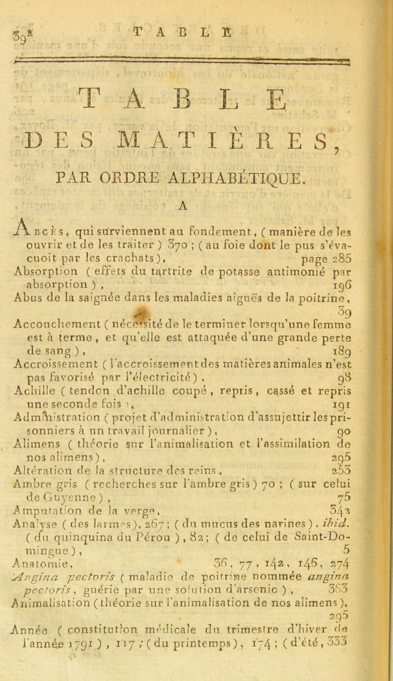 T A B L E b E S M A T I È El E S , { t 1 PAR ORDRE ALPHABÉTIQUE. A A BCÈs, qui surviennent au fondement,( manière de les ouvrir et de les traiter ) Syo ; ( au foie dont le pus sVva- cuoit par les crachats), 286 Absorption ( effets du tartrite de potasse antimonié par absorption ) , 196 Abus de la saignée dans les maladies aiguës de la poitrine, É59 ité de le terminer lorsqu’une femme est à terme, et c(u’elle est attaquée d’une grande perte de sang ), ' 189 Accroissement ( l’accroissementdes matières animales n’est pas favorisé par l’électricité), 98 Achille ( tendon d’achillc coupé , repris , cassé et repris une seconde fois ), igr AdmAistration ( projet d’administration d’assujettir les pri- sonniers à un travail journalier ), go Alimens ( théorie sur l’animalisation et l’assimilation do nosalimens), 296 Altération de la structure des reins, 253 Ambre gris ( recherches sur l’ambre gris) 70 ; ( sur celui de Guyenne), 76 Amputation de la verge, 54'î Analyse ( des larinps), 267; ( du mucus des narines), ihid. ( du quinquina du Pérou ), 82; (de celui de Saint-Do- Anatomie, 3S, 77 , 142. t4^’ ^74 :Ang1na pectons ( maladie de poitrine nommée angina pcctoris, guérie par une solution d’arsenic ) , 3h3 Animalisation (théorie sur l’animalisation de nos alimens), Année ( constitutfon médicale du trimestre d’hiver fie i’anné.è 1791 ) , 117 ;(du printemps), i“4 ;( d’été, 353 t