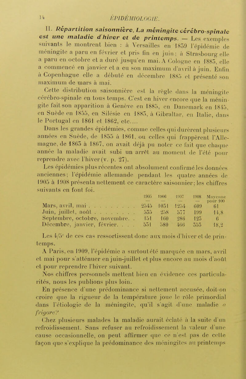 1^ ÉlHDÈMIOUiCIE. II. Répartition saisonnière. La méningite cérébro-spinale est une maladie d hiver et de printemps. — Les exemples suivants le montrent bien : à ^'el■sailles en 1859 l'épidémie de méningite a paru en lévrier et pris fin en juin: à Strasbourg elle a paru en octobre et a duré jusqu en mai. A Coloi^nc en 1885, elle a commencé en janvier et a eu son maximum d'avril à juin. Enfin à Copenhague elle a débuté en décembre ISS.') et présenté son maximum de mars à mai. Celte distribution saisonnière est la règle dans la méningile cérébro-spinale on tous temps. C'est en hiver encore ({ue la ménin- gite l'ait son apparition à Genève en 188'), en Danemark en I8i'), en Suède en 1855, en Silésie en 188,, à (Gibraltar, en Italie, dans le Portugal en 1861 et 1862, etc.... Dans les grandes épidémies, comme celles qui durèrent plusieurs années en Suède, de 1855 à 1861, ou celles qui frappèrent l'Alle- magne, de 1865 à J867, on avait déjà pu noter ce lait que cha<)ue année la maladie avait subi un arrêt au moment de l'été pour reprendre avec l'hiver (v. p. 27). Les épidémies plus récentes ont absolument confirme les données anciennes; l'épidémie allemande pendant les quatre années de lî)()5 à l!)08 présenta nettement ce caractère saisonnier ; les chiflVcs suivants en font foi. 191);; UHie l!i07 lOOS Movcime — — — — pour 1(K) Mars, avril, mai i^ô/w 1051 009 Gl Juin, juillel, aoul :)5r) ;2.^.S 577 1!»9 li.S Septembre, octobre, novend)re. . l.M 100 '280 125 G Décembre, janvier, février. ... 551 580 iOO 555 18,2 Les i/5'' de ces cas ressortissent donc aux mois d'hiver et de prin- temps. A Paris, en 15)01), l'épidémie a surtout été marquée en mars, avril et mai pour s'atténuer en juin-juillet et plus encore au mois d'août et pour reprendre l'hiver suivant. Nos chiffres personnels mettent bien en évitlence ces particula- rités, nous les publions plus loin. En présence d'une prédominance si nettement accusée, doit-on croire que la rigueur de la température joue le rôle primordial dans l'éLiologie de la méningile, qu'il s'agit d une maladie 't l'riQore? Chez plusieurs malades la maladie aurait éclaté à la suite d'un refroidissement. Sans refuser au refroidissement la valeur d une cause occasionnelle, on peut affirmer (|ue ce n'est pas de celle façon que s'explique la prédominance des méningites au prinlcnq)s