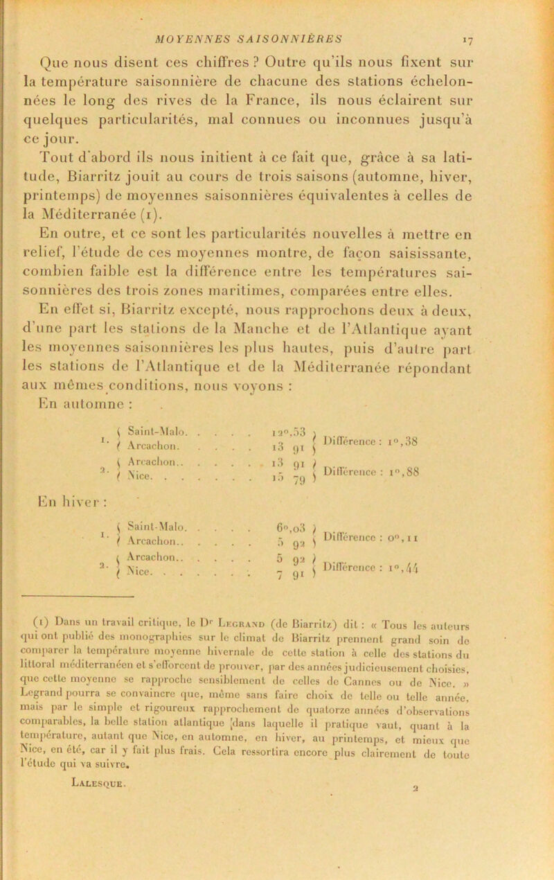 MOYENNES SAISONNIÈRES >7 Que nous disent ces chiffres ? Outre qu’ils nous fixent sur la température saisonnière de chacune des stations échelon- nées le long des rives de la France, ils nous éclairent sur quelques particularités, mal connues ou inconnues jusqu’à ce jour. Tout d'abord ils nous initient à ce fait que, grâce à sa lati- tude, Biarritz jouit au cours de trois saisons (automne, hiver, printemps) de moyennes saisonnières équivalentes à celles de la Méditerranée (i). En outre, et ce sont les particularités nouvelles à mettre en relief, l’étude de ces moyennes montre, de façon saisissante, combien faible est la différence entre les températures sai- sonnières des trois zones maritimes, comjiarées entre elles. En effet si, Biarritz excepté, nous rapprochons deux à deux, d’une part les stations de la Manche et de l’Atlanlique ayant les moycjines saisonnières les plus hautes, puis d’autre j)art les stations de l’Atlantique et de la Méditerranée répondant aux mômes conditions, nous voyons : En automne : t Saint-Malo i2,.)3 ^ ( Arcaclion i3 ;)i j ^ Arcaclion j3 c)i / ( ‘''•ce *■'» 79 i ^ Saint-Malo. . . . 6 ,o3 ( Arcaclion.. r> 9^ ^ -Vrcaclion.. 5 9^ (/Nice 7 91 Jtitrérence: i”,38 DilTércncc : i,88 DilTérencc : o”, n Diirérciice : (i) Dans un travail critique, le D>- Legrand (de Biarritz) dit ; « Tous les auteurs qui ont publié des nionograiihies sur le climat de Biarritz prennent grand soin do comparer la température moyenne bivernale de cotte station à celle des stations du littoral méditerranéen et s ellbrcont de jirouver, jiar des années judicieusement choisies, que cette moyenne se rapproche sensiblement de celles do Cannes ou de Nice. » Legrand pourra se convaincre que, même sans faire choix de telle ou telle année, mais par le simple et rigoureux rapprochement de quatorze années d’observations comparables, la belle station atlantique [dans laquelle il pratique vaut, quant à la température, autant que Nice, en automne, en hiver, au printemps, et mieux que Nice, en été, car il y fait plus frais. Cela ressortira encore plus clairement de toute l'étude qui va suivre. Lalesque. „