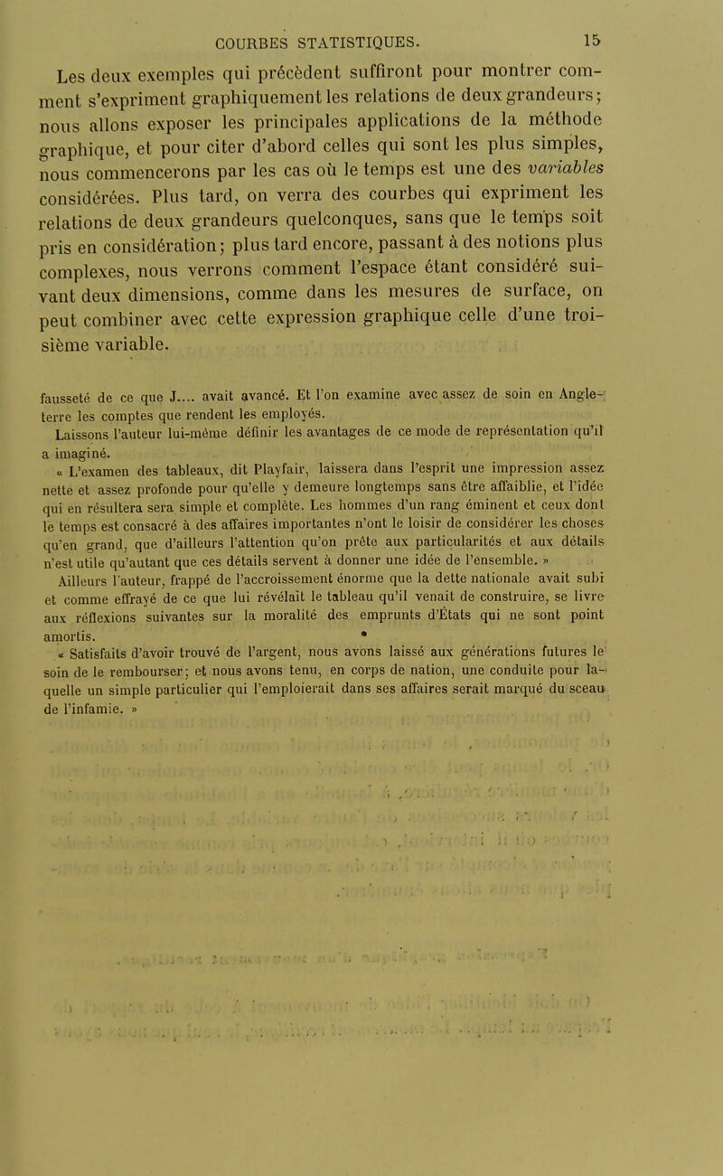 Les deux exemples qui précèdent suffiront pour montrer com- ment s'expriment graphiquement les relations de deux grandeurs ; nous allons exposer les principales applications de la méthode graphique, et pour citer d'abord celles qui sont les plus simples, nous commencerons par les cas où le temps est une des variables considérées. Plus tard, on verra des courbes qui expriment les relations de deux grandeurs quelconques, sans que le temps soit pris en considération; plus tard encore, passant à des notions plus complexes, nous verrons comment l'espace étant considéré sui- vant deux dimensions, comme dans les mesures de surface, on peut combiner avec cette expression graphique celle d'une troi- sième variable. fausseté de ce que J.... avait avancé. Et l'on examine avec assez de soin en Angle- terre les comptes que rendent les employés. Laissons l'auteur lui-môme définir les avantages de ce mode de représentation qu'il a imaginé. « L'examen des tableaux, dit Playfair, laissera dans l'esprit une impression assez nette et assez profonde pour qu'elle y demeure longtemps sans être affaiblie, et l'idée qui en résultera sera simple et complète. Les hommes d'un rang éminent et ceux dont le temps est consacré à des affaires importantes n'ont le loisir de considérer les choses qu'en grand, que d'ailleurs l'attention qu'on prête aux particularités et aux détails n'est utile qu'autant que ces détails servent à donner une idée de l'ensemble. » Ailleurs l'auteur, frappé de l'accroissement énorme que la dette nationale avait subi et comme effrayé de ce que lui révélait le tableau qu'il venait de construire, se livre aux réflexions suivantes sur la moralité des emprunts d'États qui ne sont point amortis. • « Satisfaits d'avoir trouvé de l'argent, nous avons laissé aux générations futures le soin de le rembourser; et nous avons tenu, en corps de nation, une conduite pour la- quelle un simple particulier qui l'emploierait dans ses affaires serait marqué du sceau de l'infamie. » i